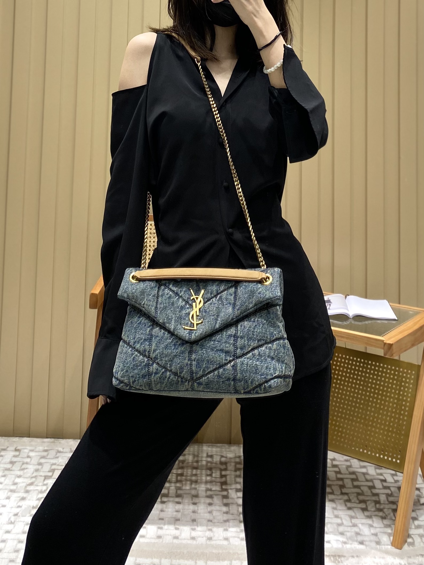 YSL LOULOU PUFFER 29CM 牛仔布纹小号绗缝包 577476