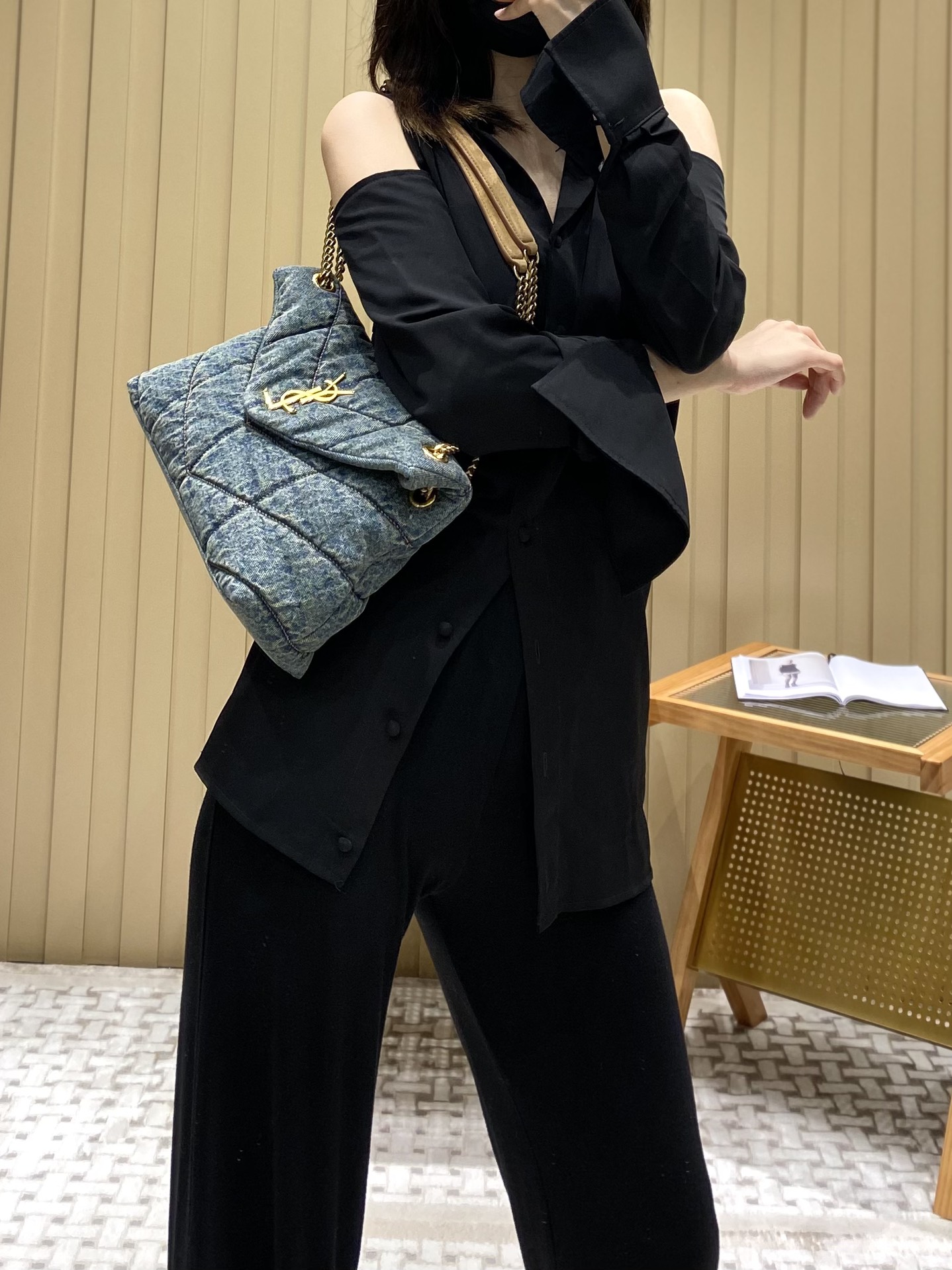 YSL LOULOU PUFFER 29CM 牛仔布纹小号绗缝包 577476