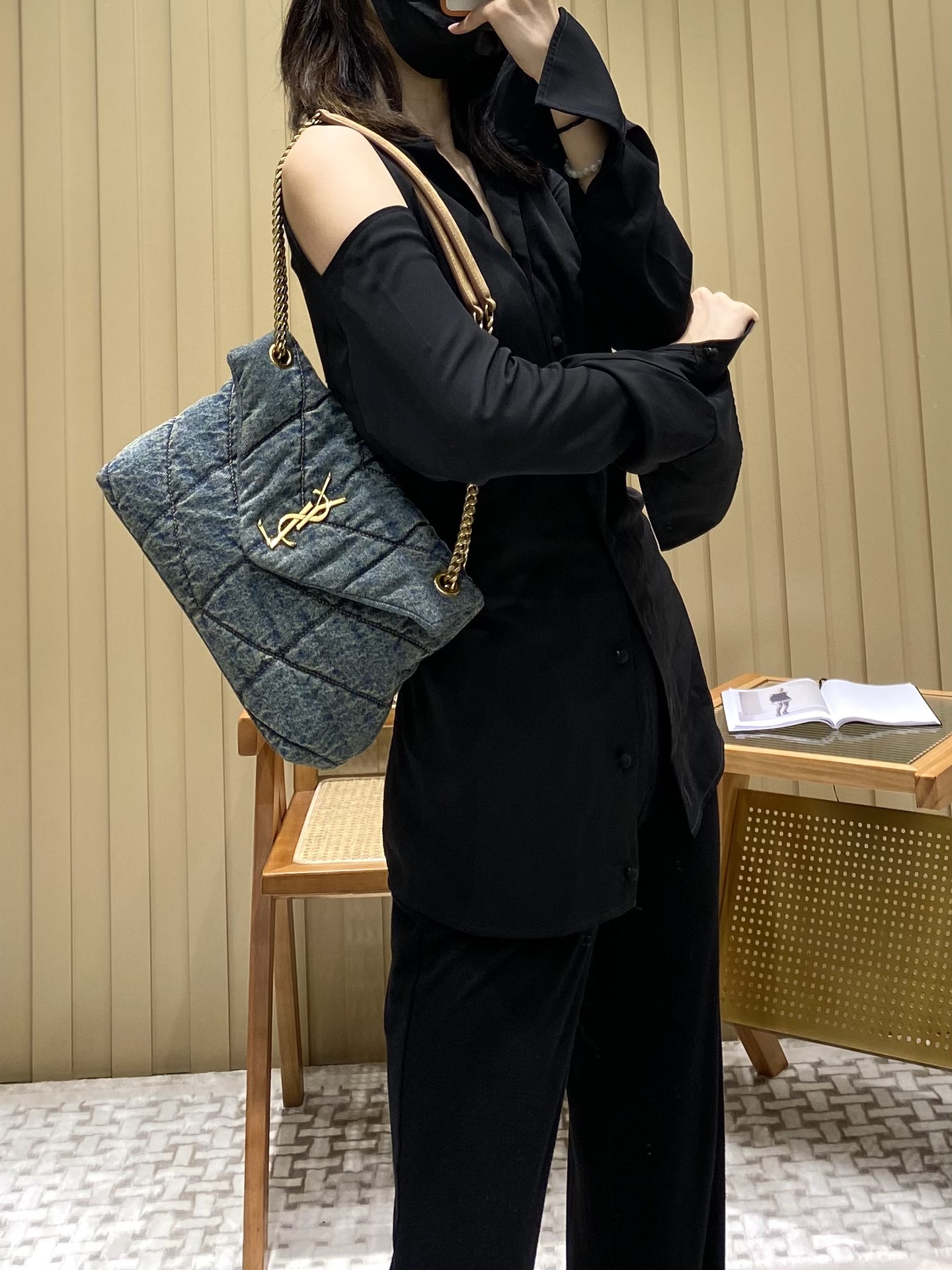 YSL LOULOU PUFFER 29CM 牛仔布纹小号绗缝包 577476