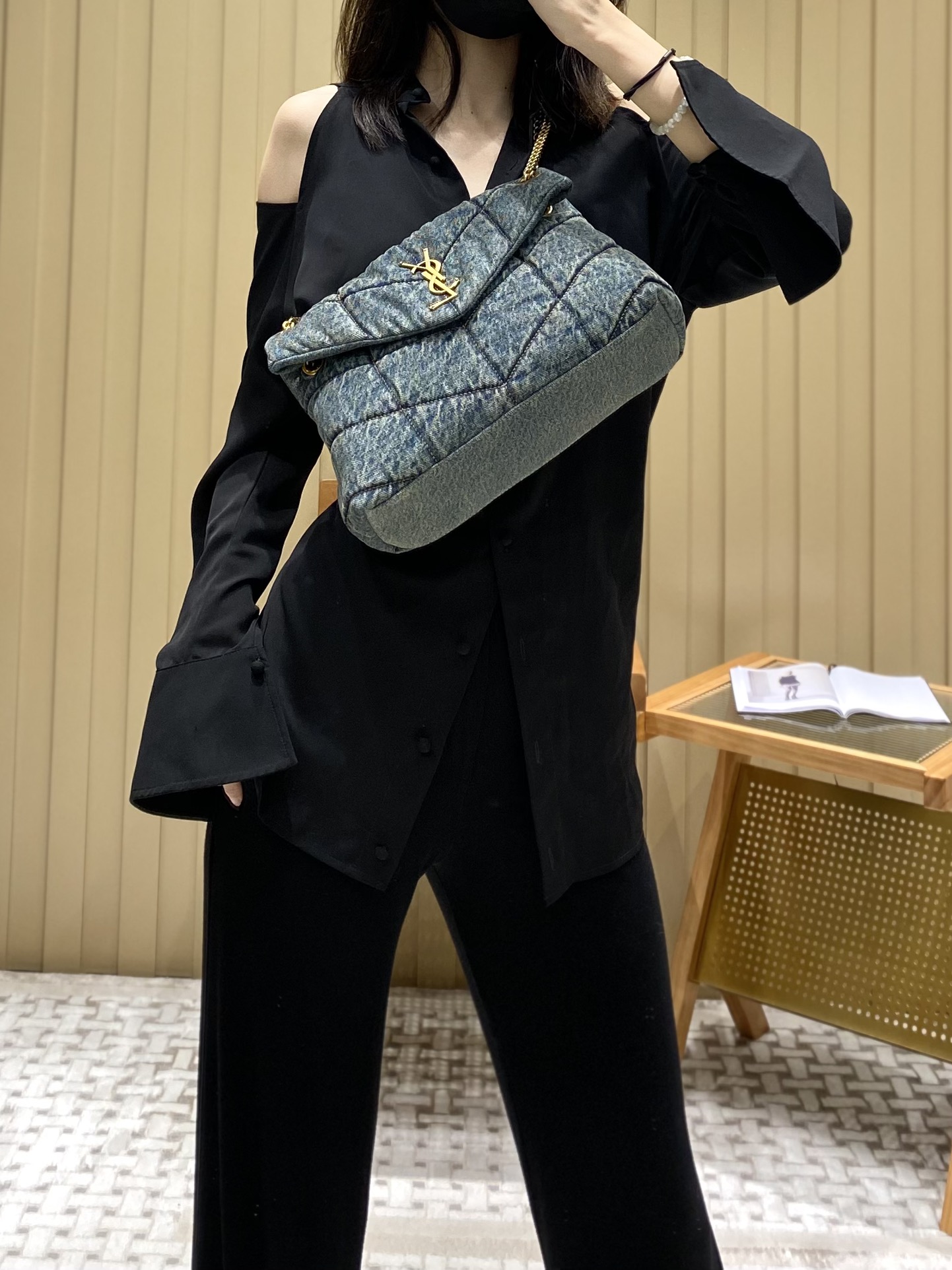 YSL LOULOU PUFFER 29CM 牛仔布纹小号绗缝包 577476