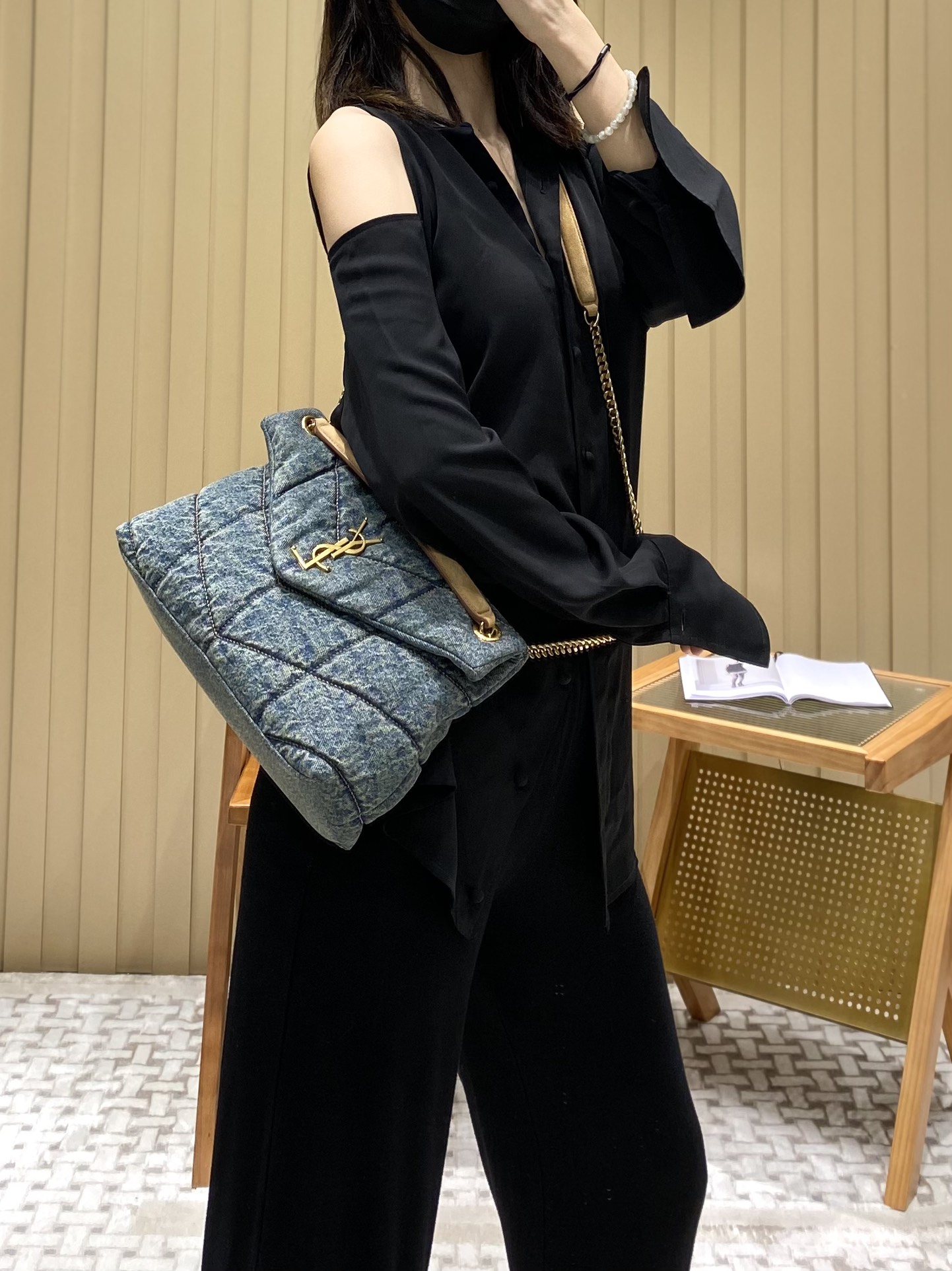 YSL LOULOU PUFFER 29CM 牛仔布纹小号绗缝包 577476