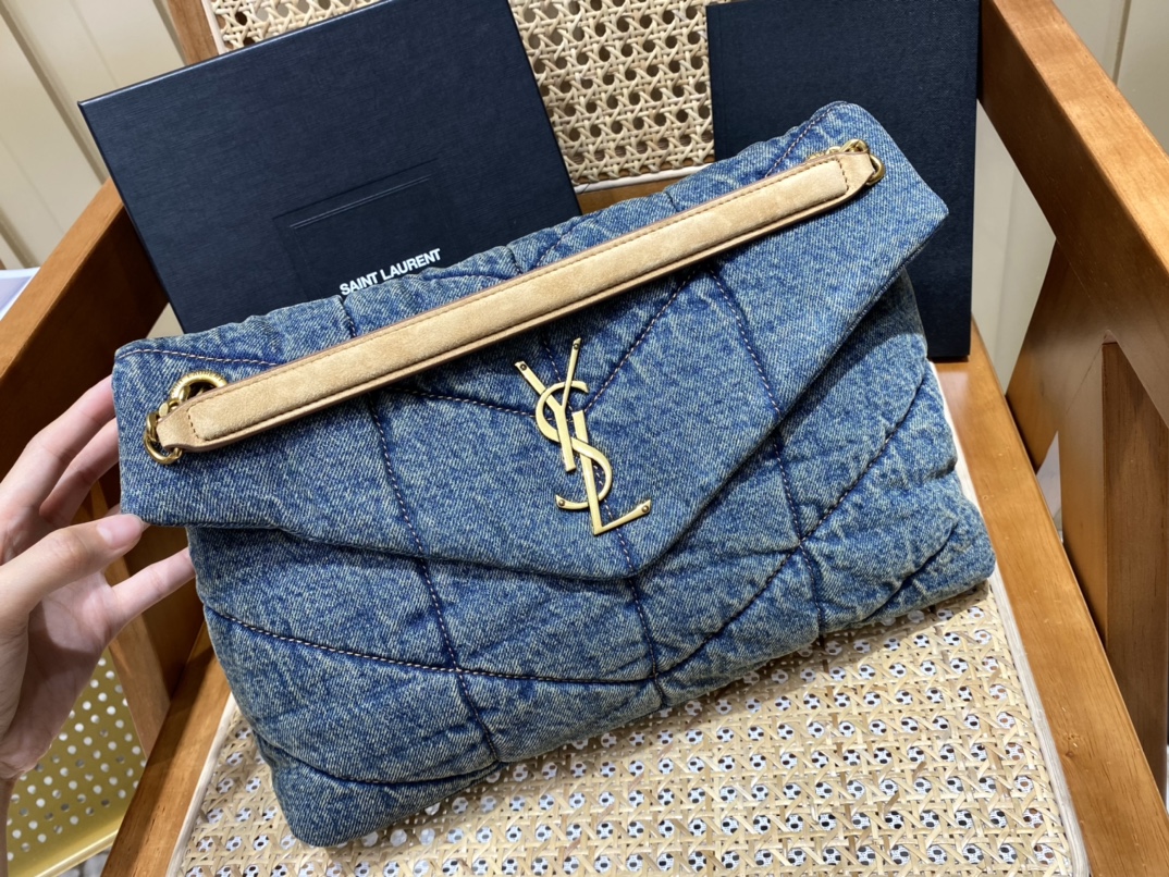 YSL LOULOU PUFFER 35CM 牛仔布纹大号绗缝包 577475