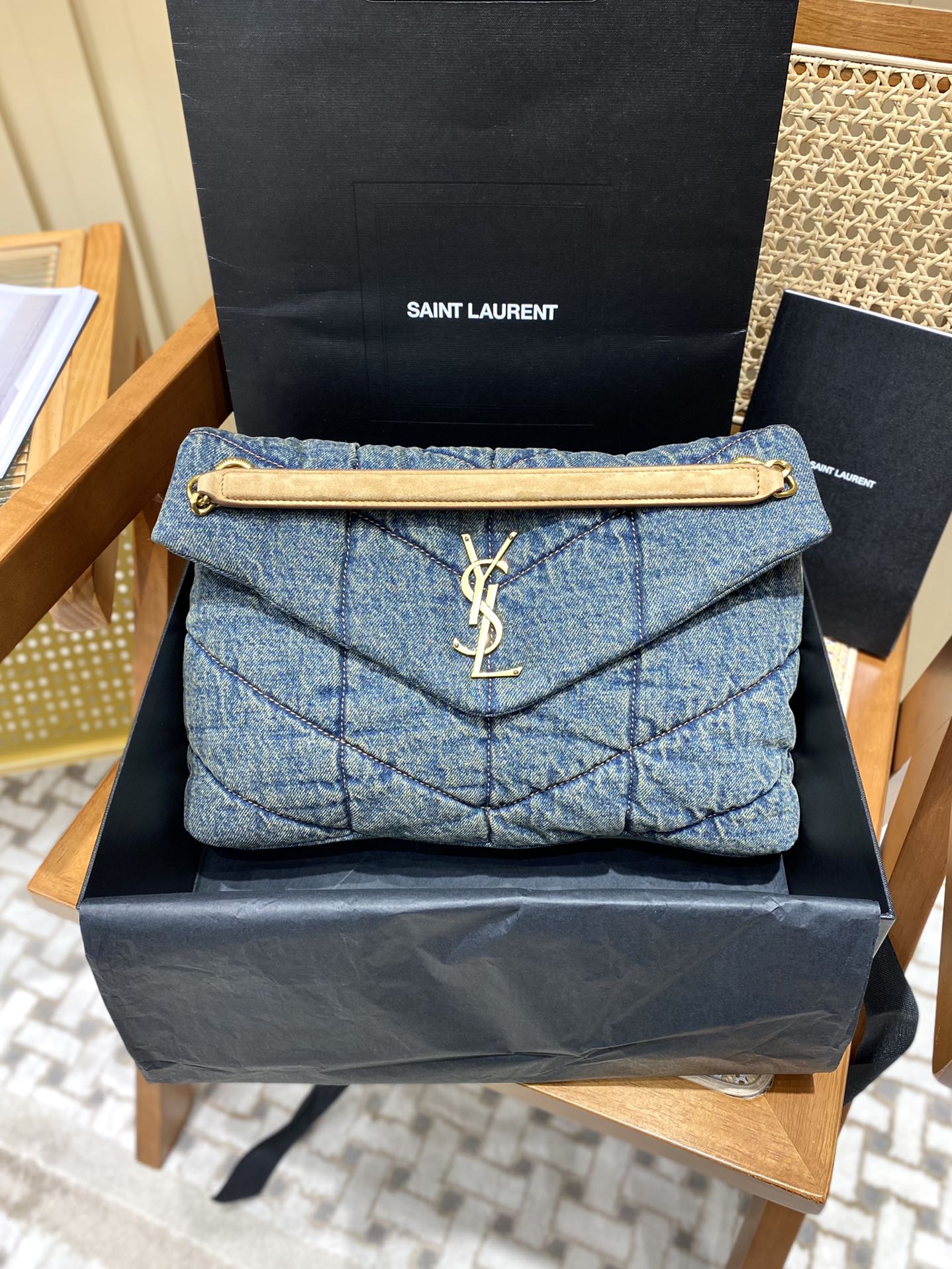 YSL LOULOU PUFFER 35CM 牛仔布纹大号绗缝包 577475