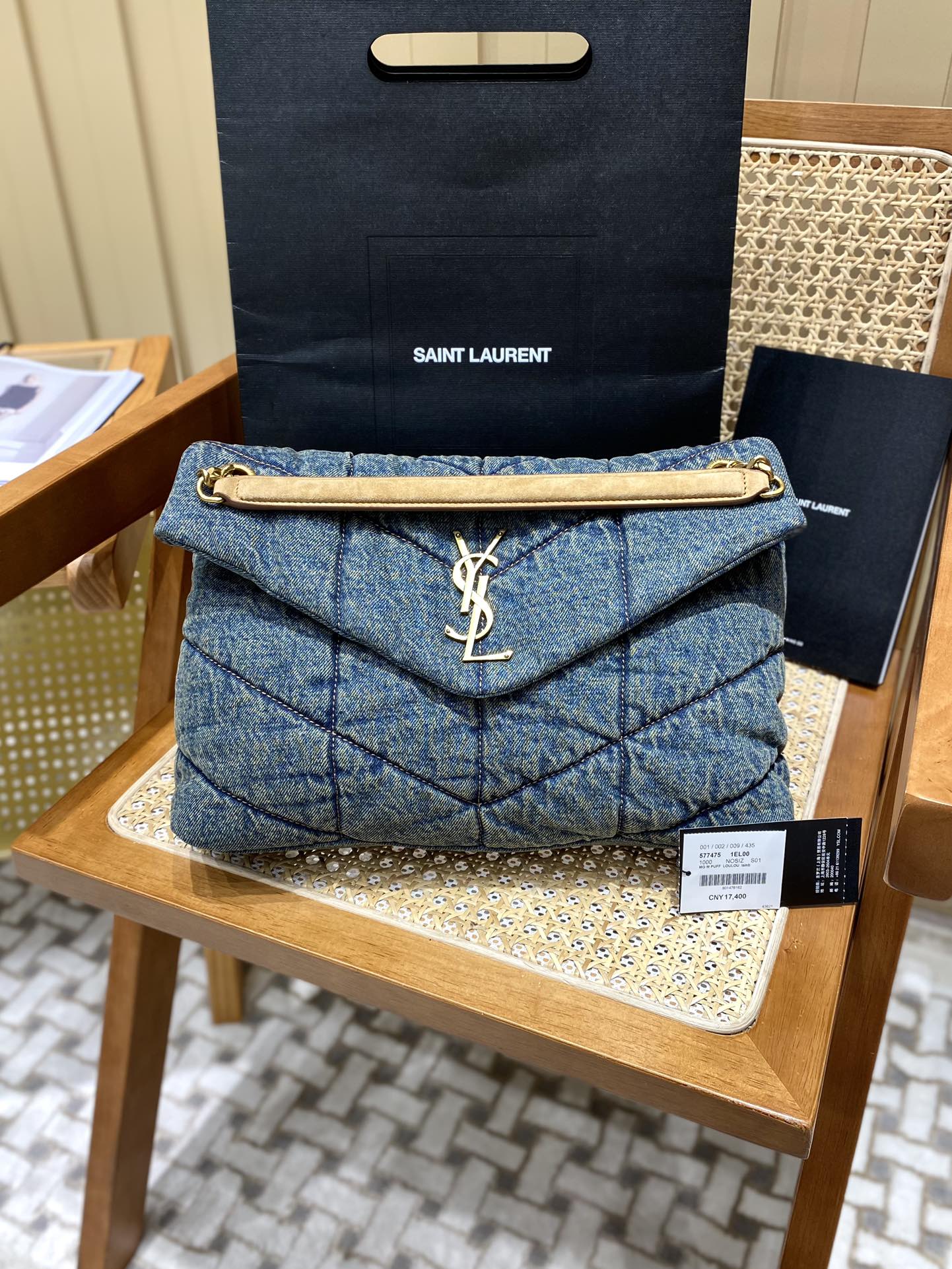 YSL LOULOU PUFFER 35CM 牛仔布纹大号绗缝包 577475