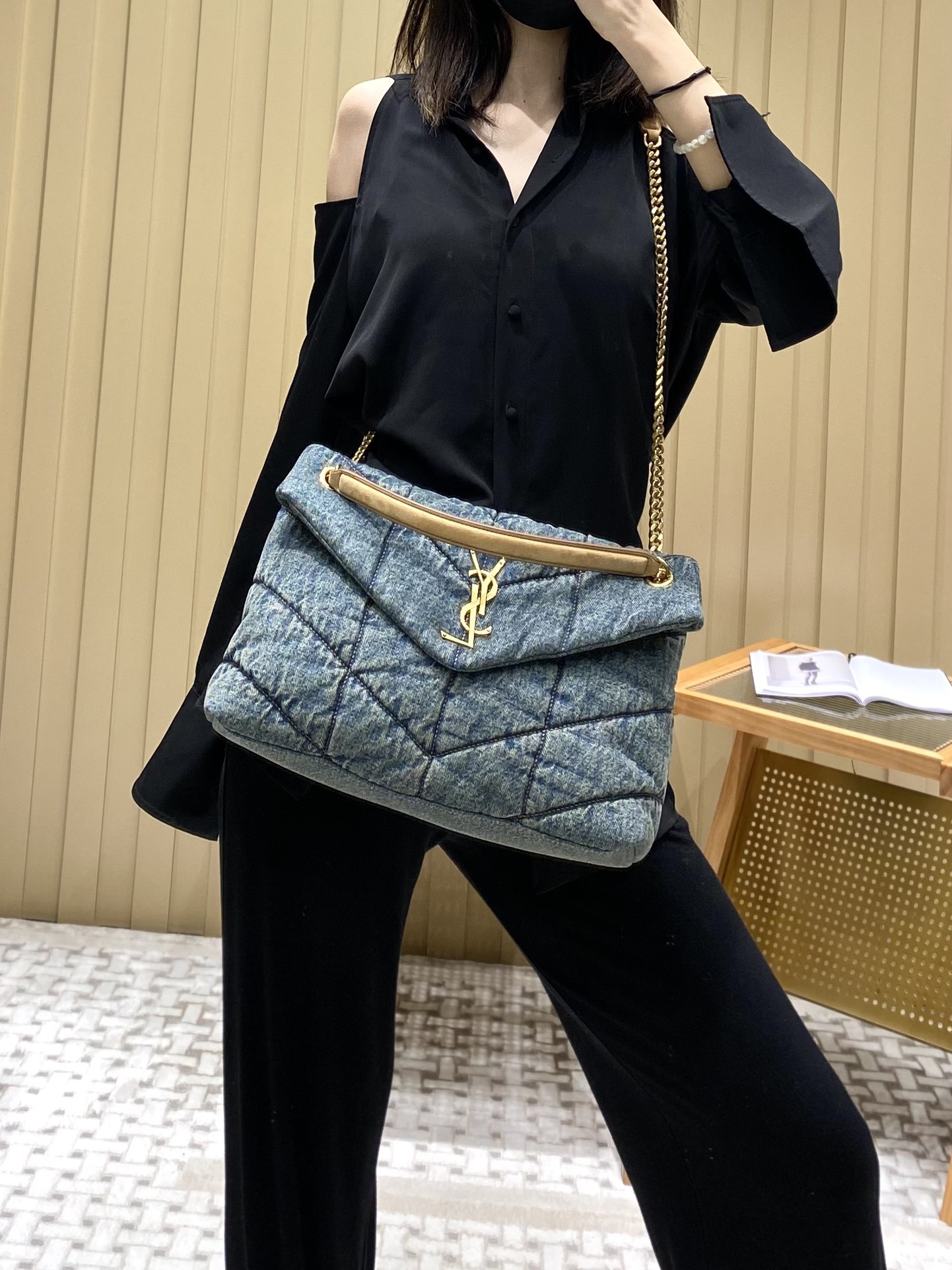 YSL LOULOU PUFFER 35CM 牛仔布纹大号绗缝包 577475