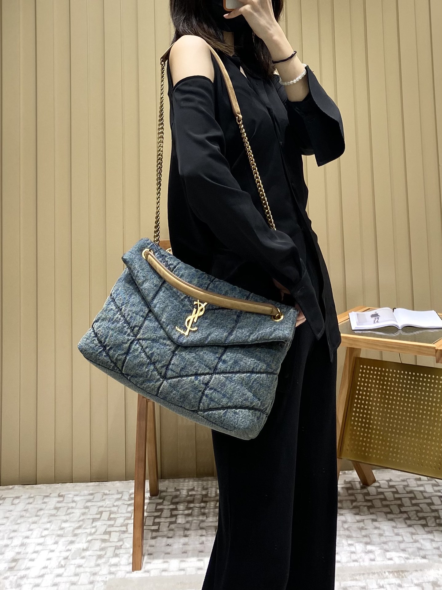 YSL LOULOU PUFFER 35CM 牛仔布纹大号绗缝包 577475