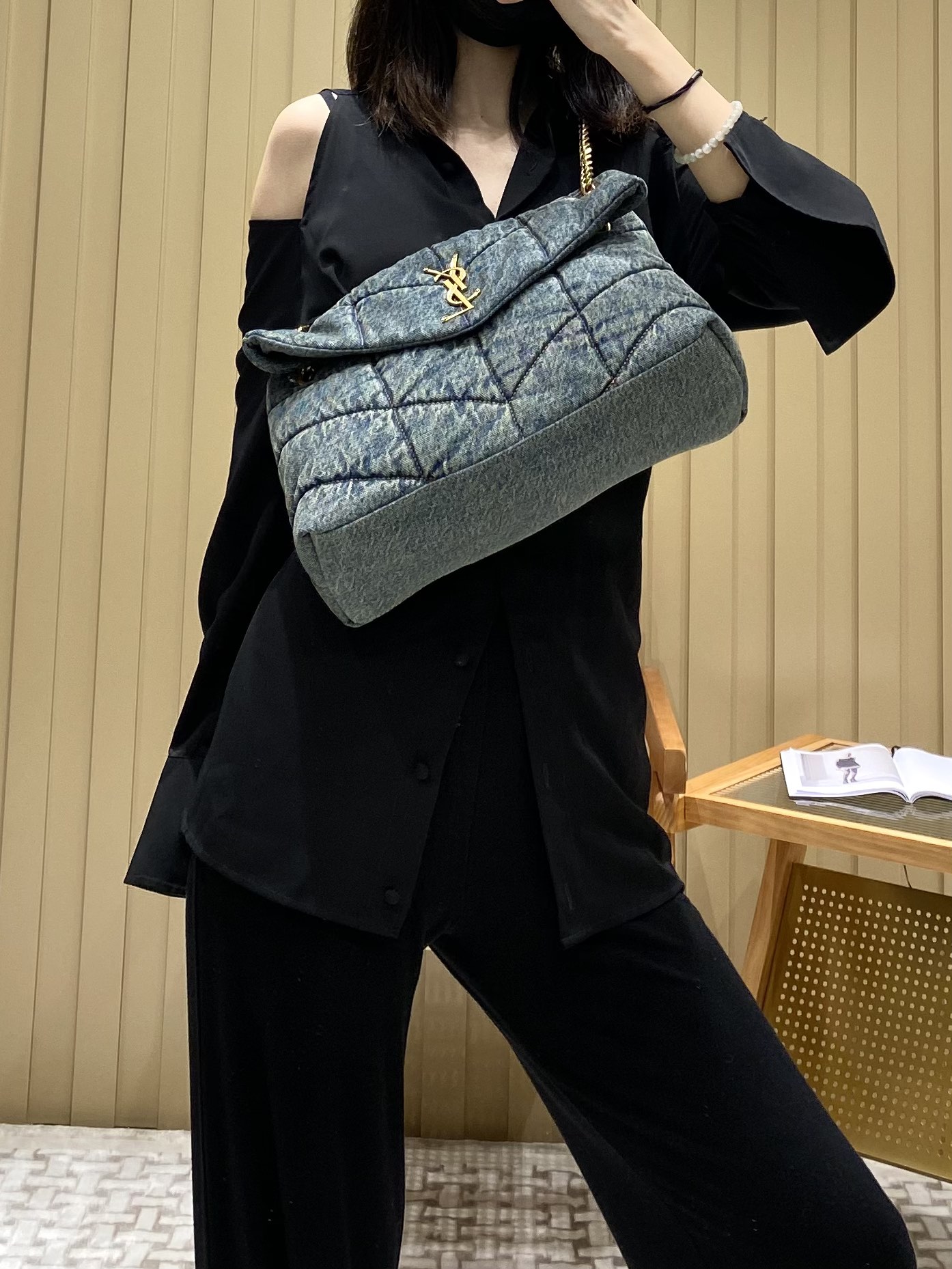 YSL LOULOU PUFFER 35CM 牛仔布纹大号绗缝包 577475