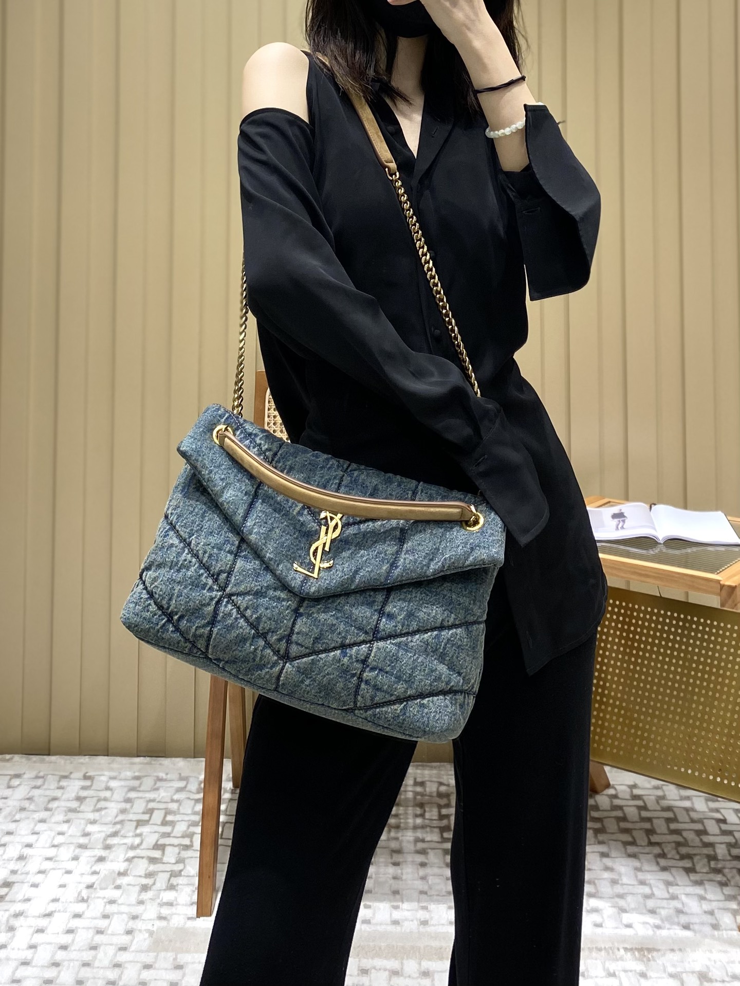 YSL LOULOU PUFFER 35CM 牛仔布纹大号绗缝包 577475