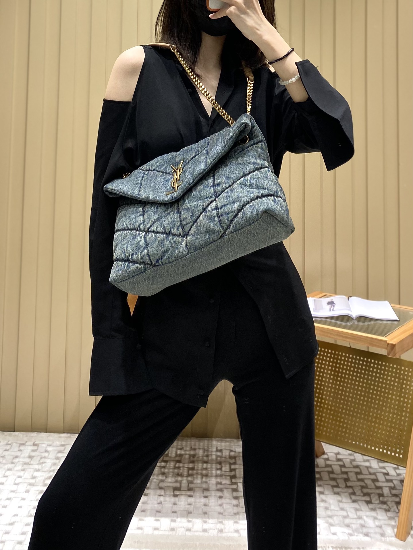 YSL LOULOU PUFFER 35CM 牛仔布纹大号绗缝包 577475