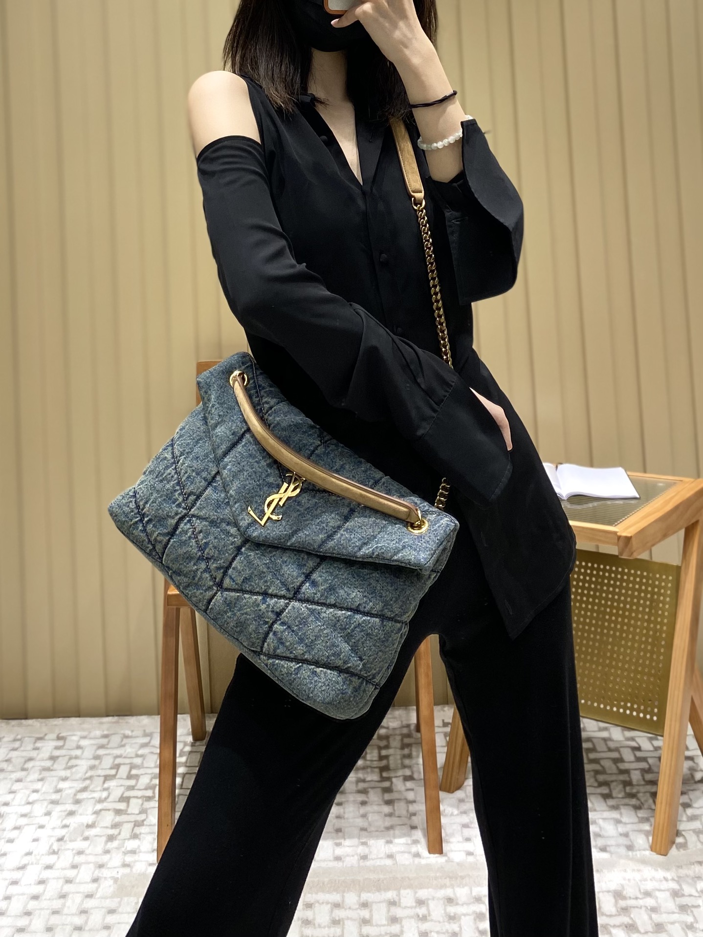 YSL LOULOU PUFFER 35CM 牛仔布纹大号绗缝包 577475