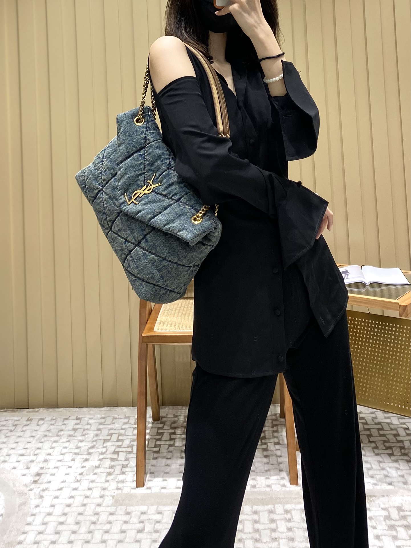 YSL LOULOU PUFFER 35CM 牛仔布纹大号绗缝包 577475