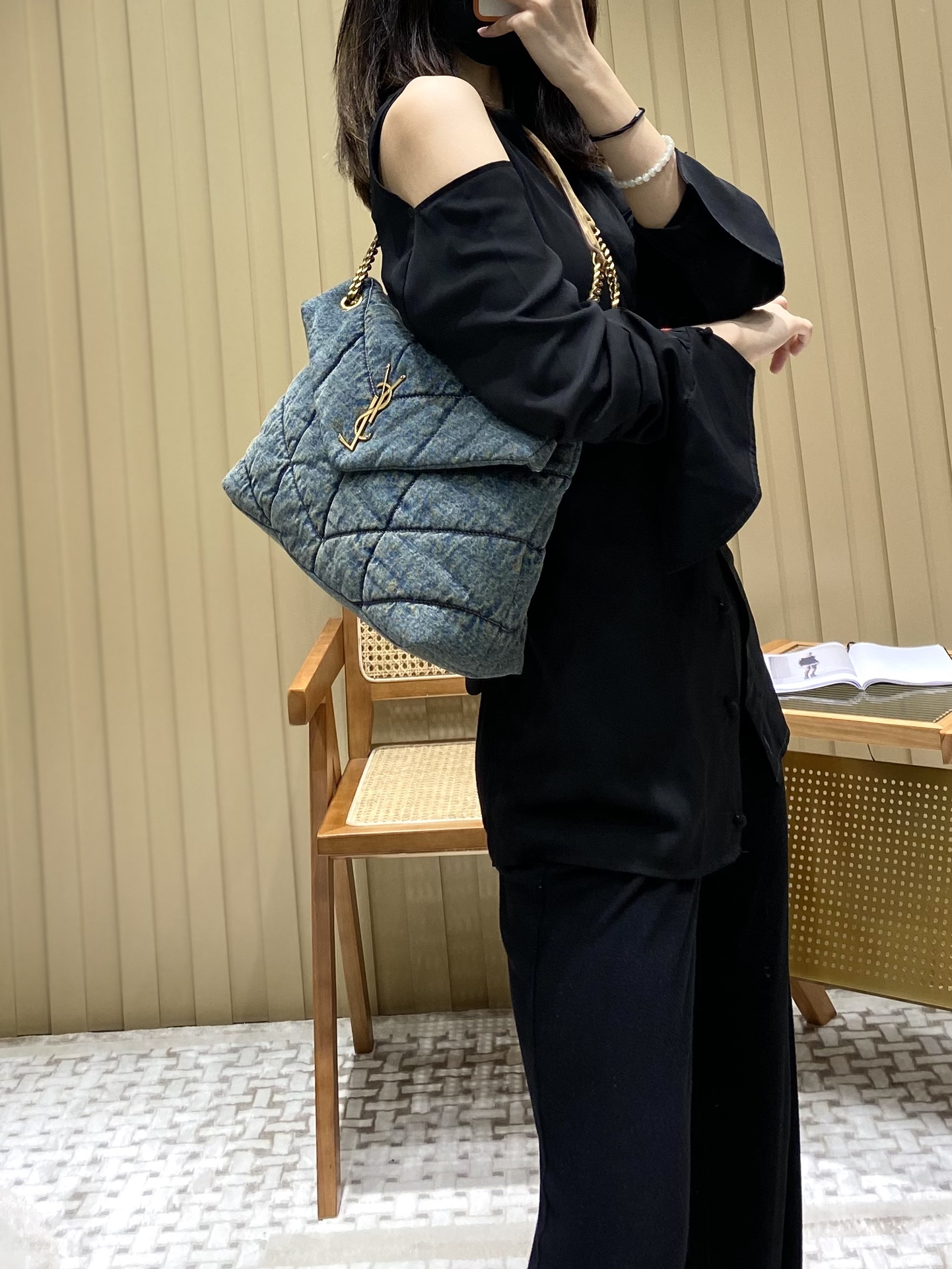 YSL LOULOU PUFFER 35CM 牛仔布纹大号绗缝包 577475