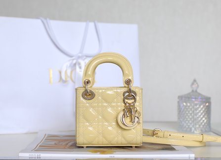 Dior Lady Bags Handbags Yellow Cowhide Patent Leather Mini