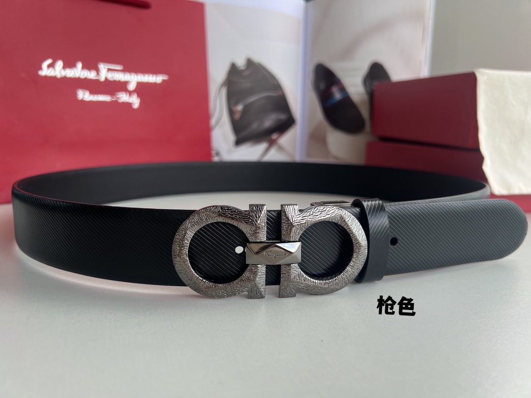 Ferragamo菲拉格慕  头层牛皮压纹图案Gancini花纹金属扣男士3.5cm腰带
