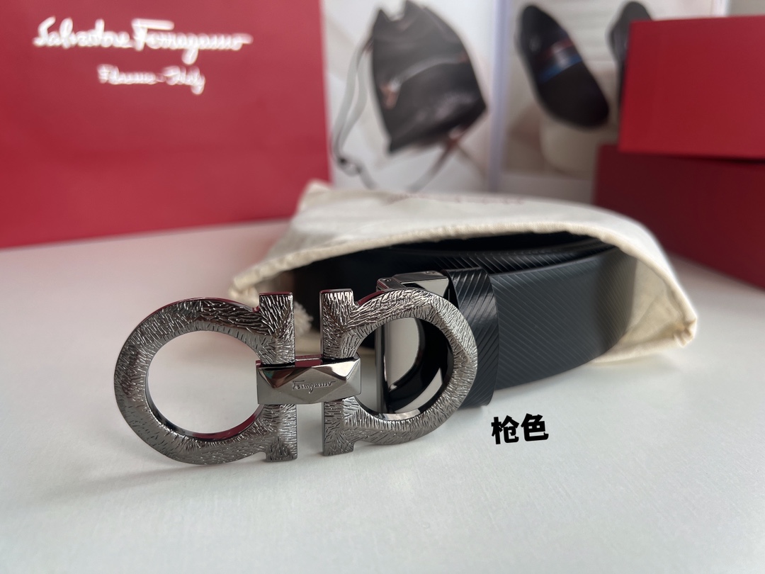 Ferragamo菲拉格慕  头层牛皮压纹图案Gancini花纹金属扣男士3.5cm腰带