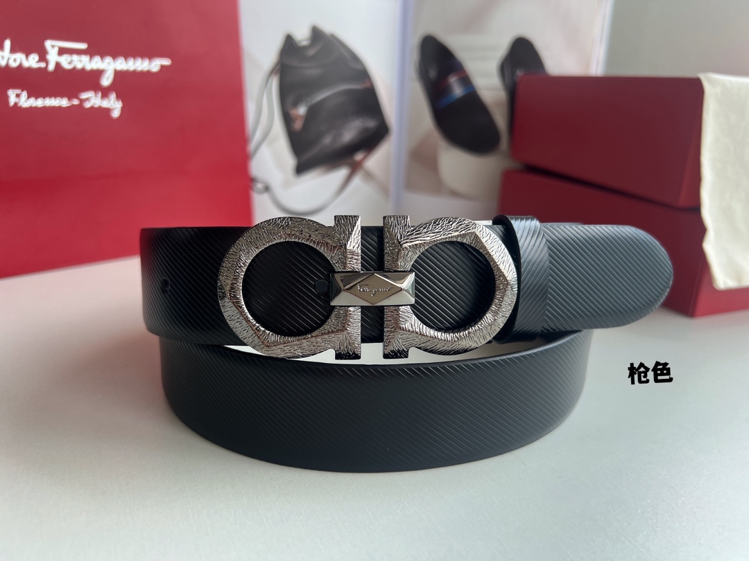 Ferragamo菲拉格慕  头层牛皮压纹图案Gancini花纹金属扣男士3.5cm腰带