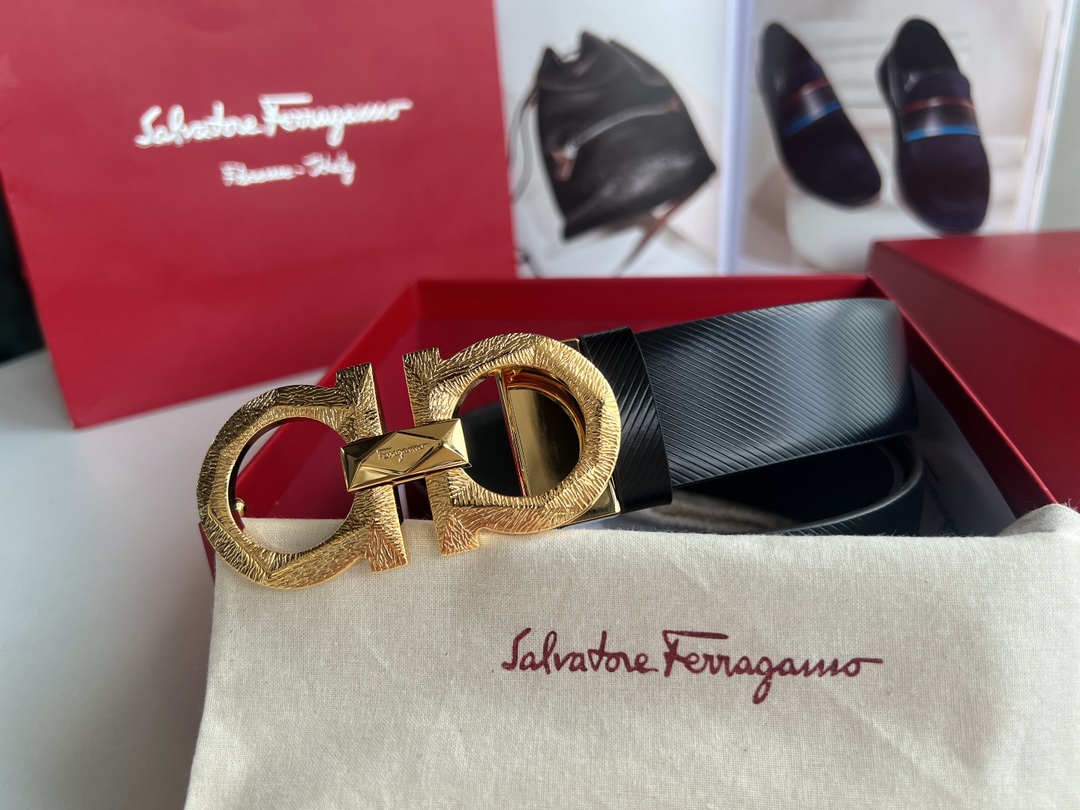 Ferragamo菲拉格慕  头层牛皮压纹图案Gancini花纹金属扣男士3.5cm腰带