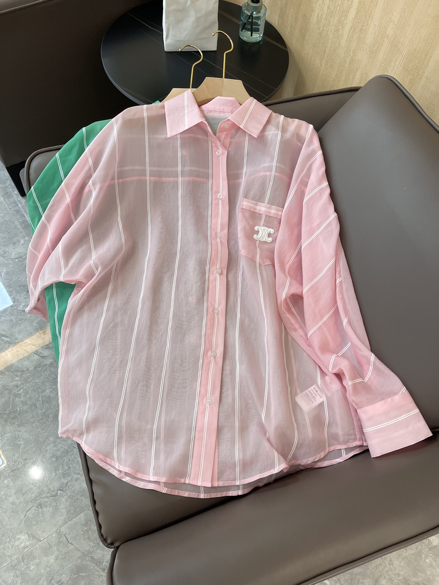 22A1esdjb#新款衬衫⚠️Pzzdqdceline 天丝棉 透明材质 条纹格子 长袖宽松 防晒衬衫 粉色 绿色 SML
