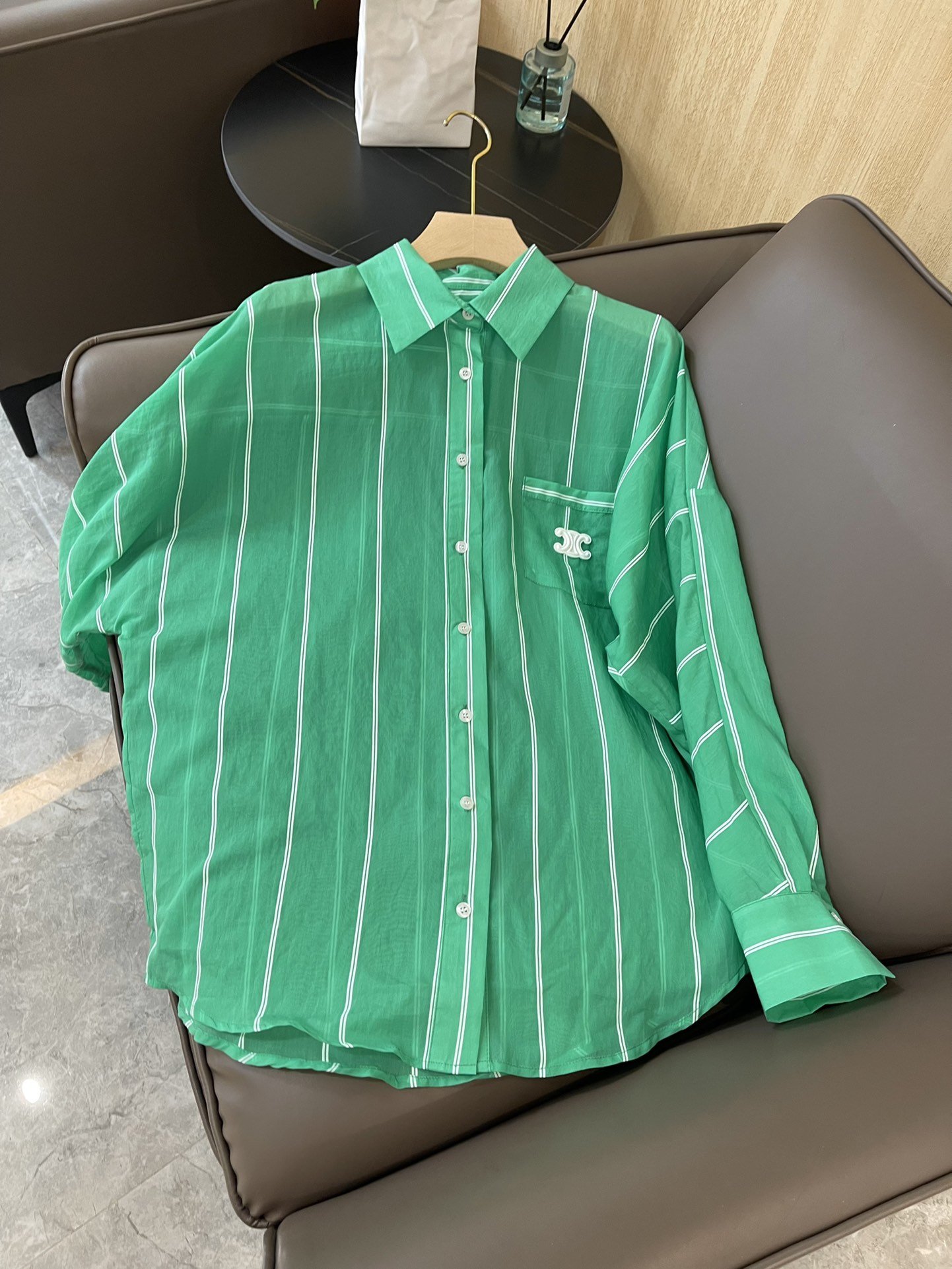 22A1esdjb#新款衬衫⚠️Pzzdqdceline 天丝棉 透明材质 条纹格子 长袖宽松 防晒衬衫 粉色 绿色 SML