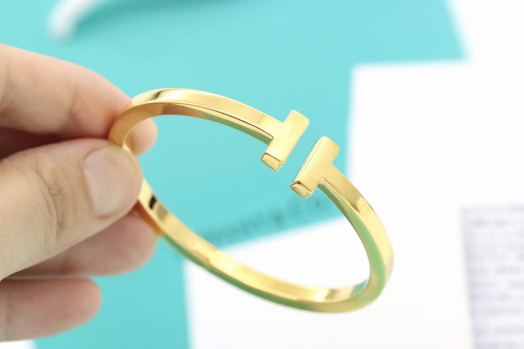 Tiffany & Co. Tiffany&Co.蒂芙尼 香槟金光面双T宽 手镯