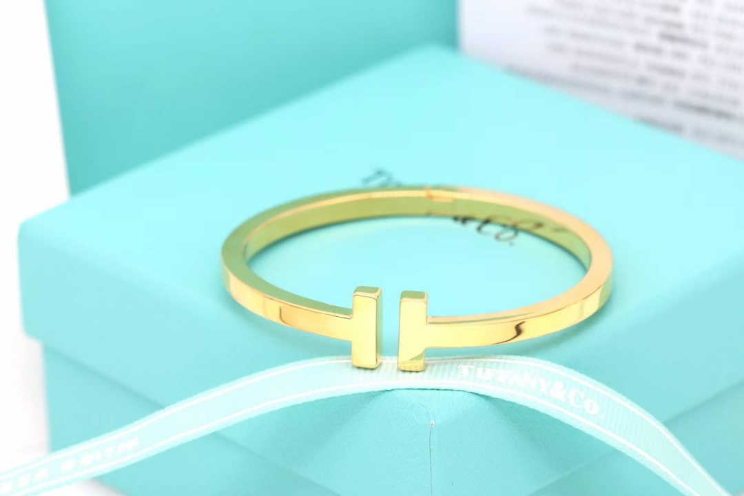 Tiffany & Co. Tiffany&Co.蒂芙尼 香槟金光面双T宽 手镯