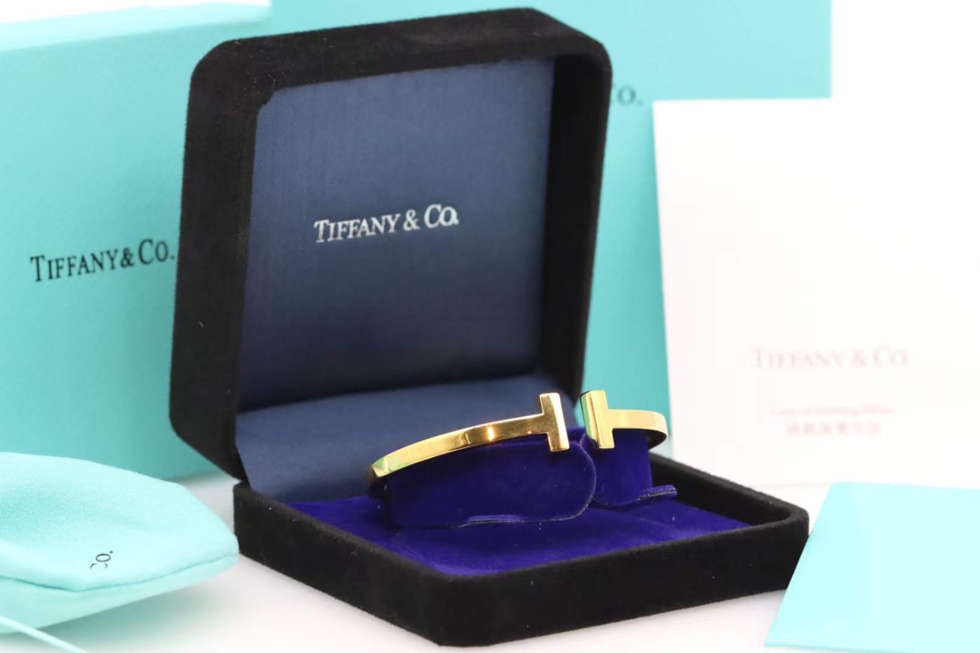 Tiffany & Co. Tiffany&Co.蒂芙尼 香槟金光面双T宽 手镯