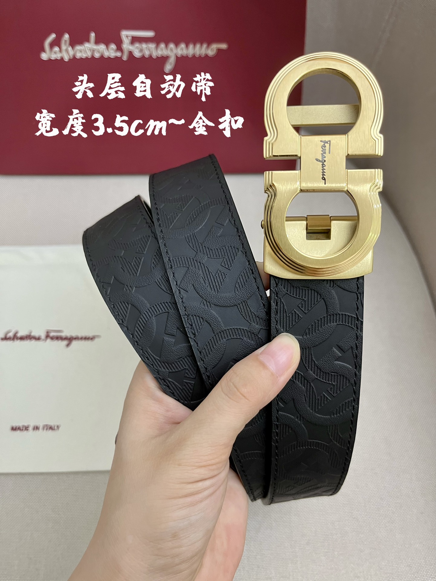 I0 Ferragamo 菲拉格慕 男士专柜对版金属扣,头层牛皮自动外用腰带,商务通勤休闲场合均适合佩戴.3.5cm
