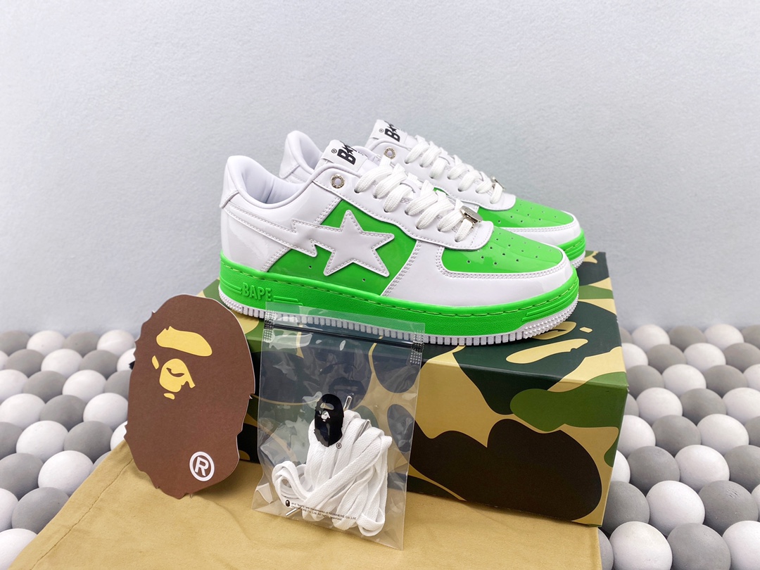 BAPE STA LOW Charol blanco y verde Desarrollo original en cartón Charol personalizado La mejor primera capa d…