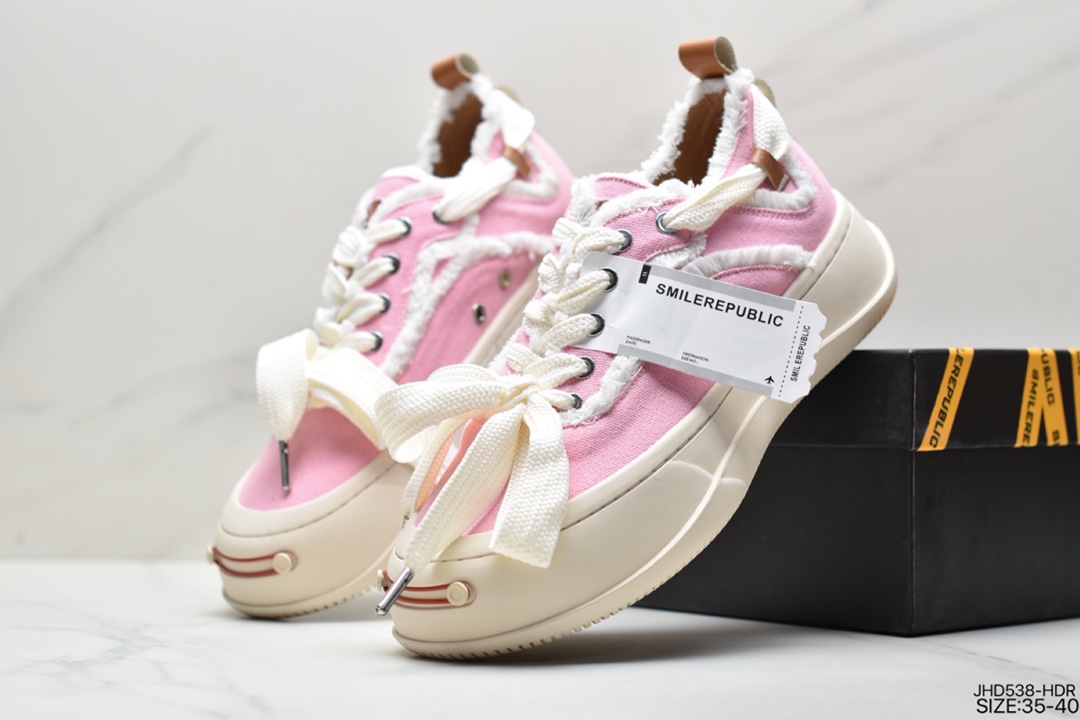 SMILEREPUBLIC Canvas Sneakers Low sponge cake thick bottom to increase the height and low to help the reverse lace beggar wind canvas low-top casual sneakers