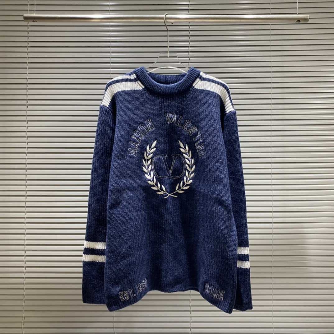 Suéter de cuello redondo de punto con bordado de espigas de logo de letras VT de Valentino, color: azul, tallas: S M L …