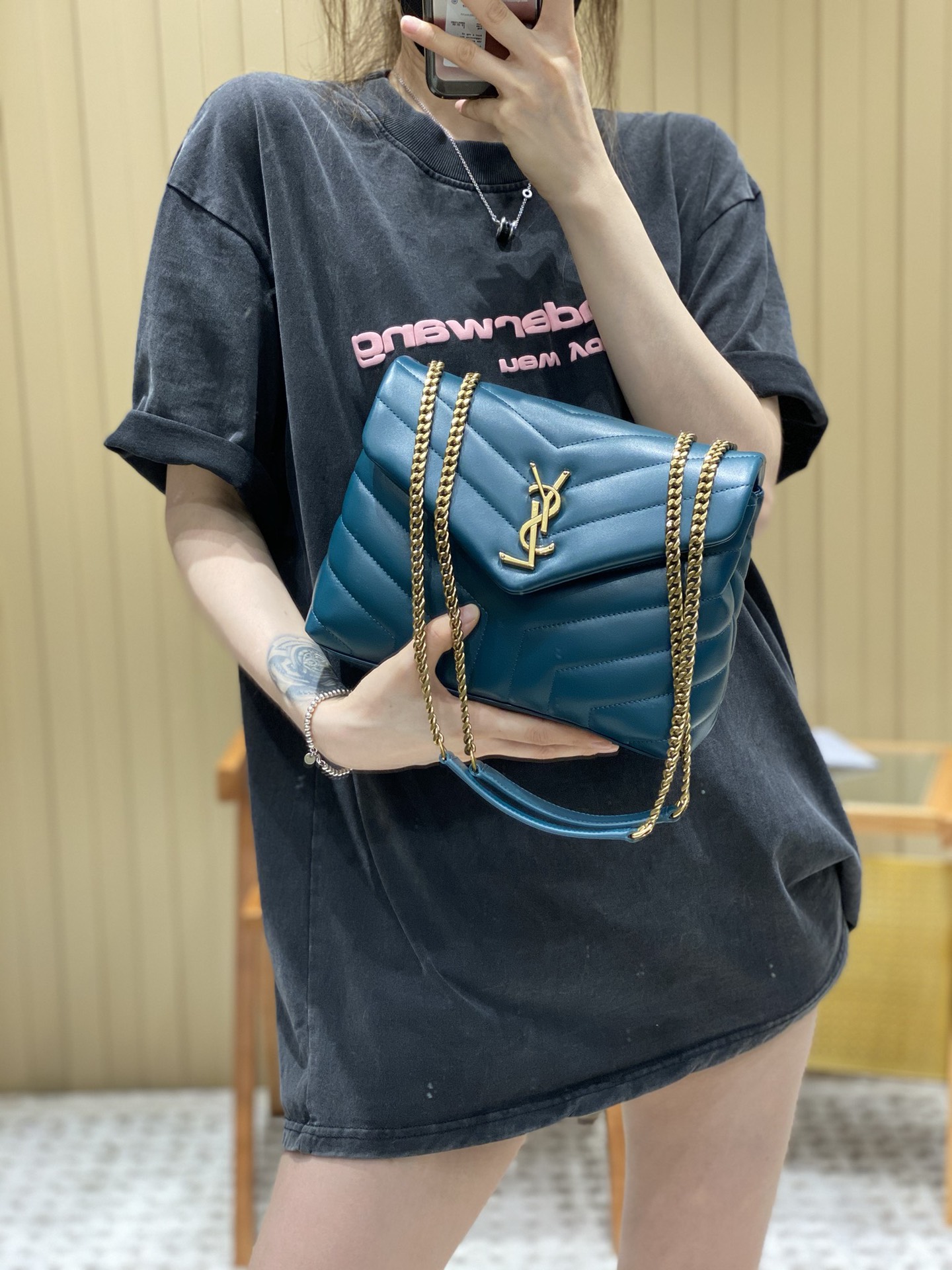 YSL LOULOU 23CM Y型绗缝链条包 494699海洋松石绿/金扣