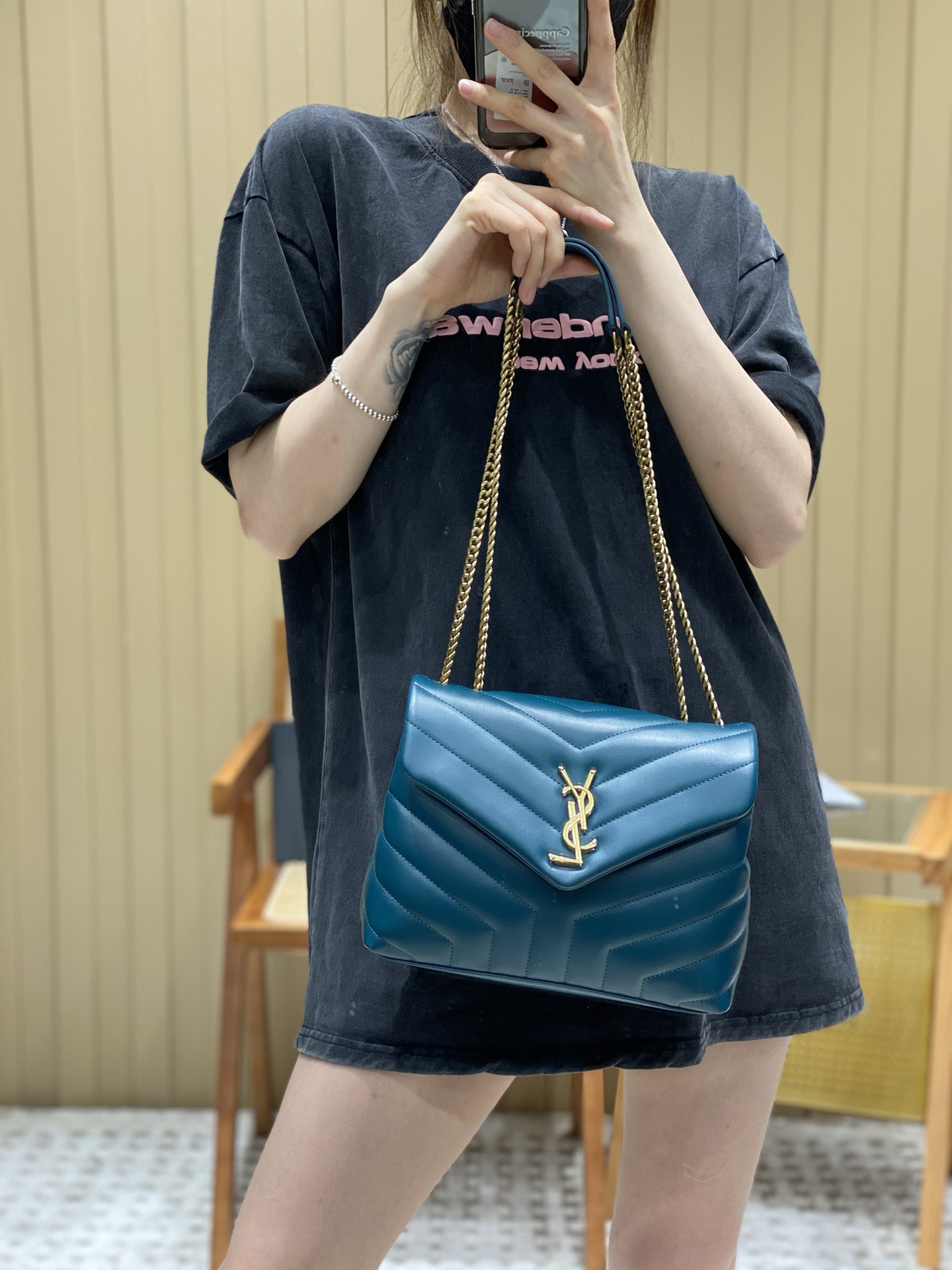 YSL LOULOU 23CM Y型绗缝链条包 494699海洋松石绿/金扣