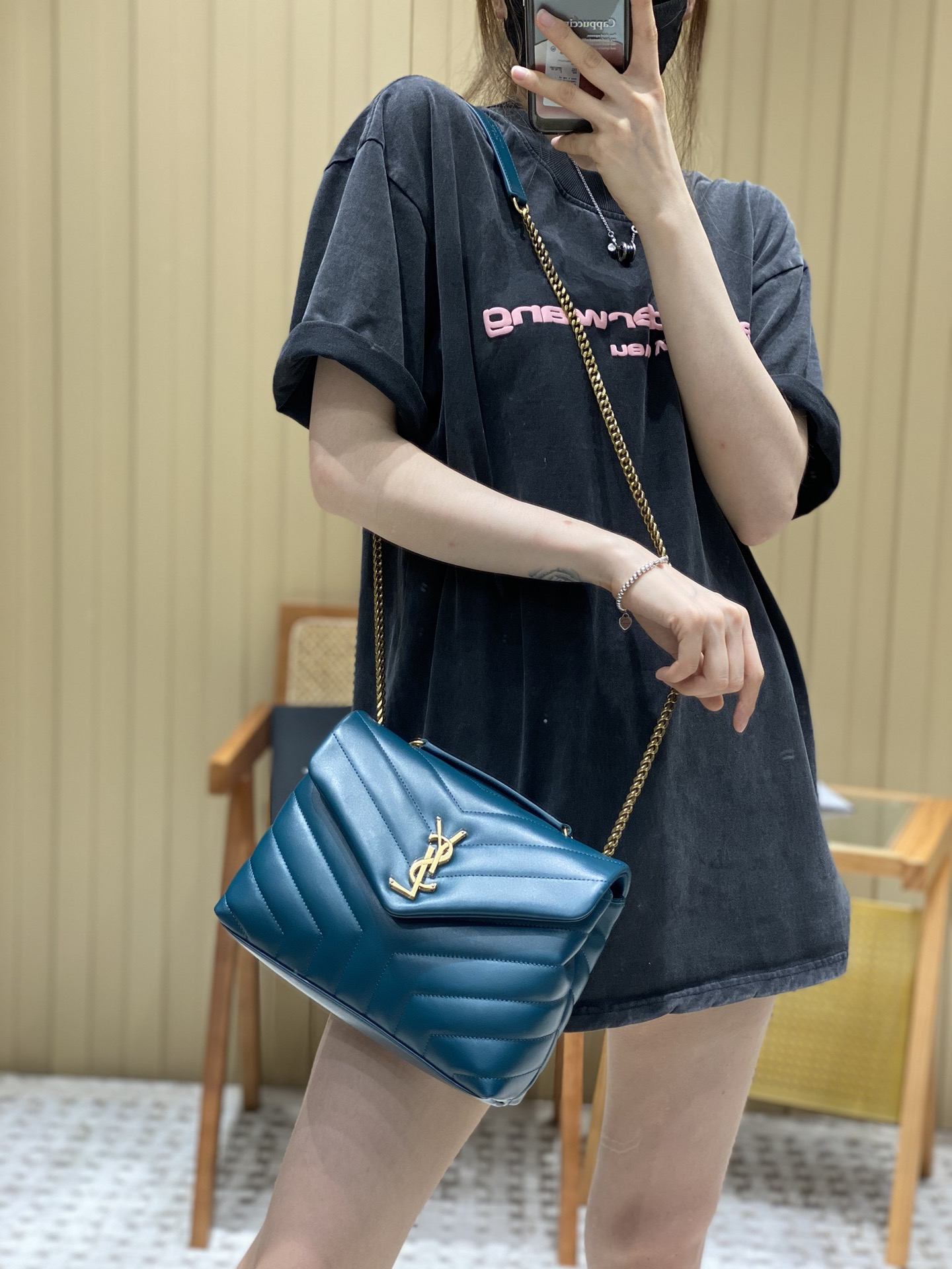 YSL LOULOU 23CM Y型绗缝链条包 494699海洋松石绿/金扣