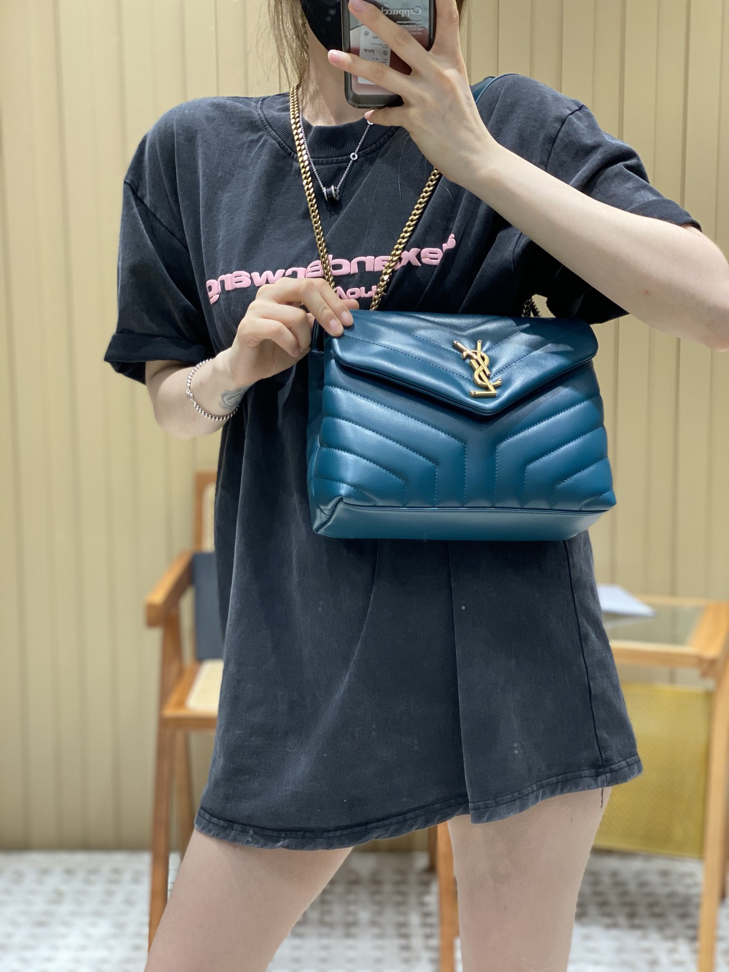 YSL LOULOU 23CM Y型绗缝链条包 494699海洋松石绿/金扣