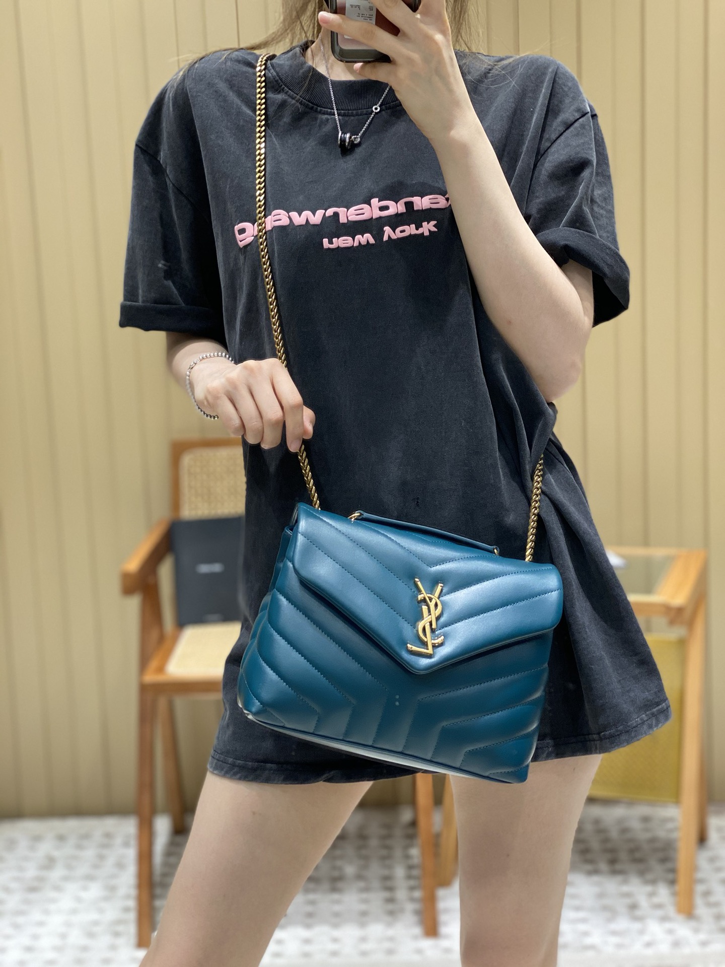 YSL LOULOU 23CM Y型绗缝链条包 494699海洋松石绿/金扣
