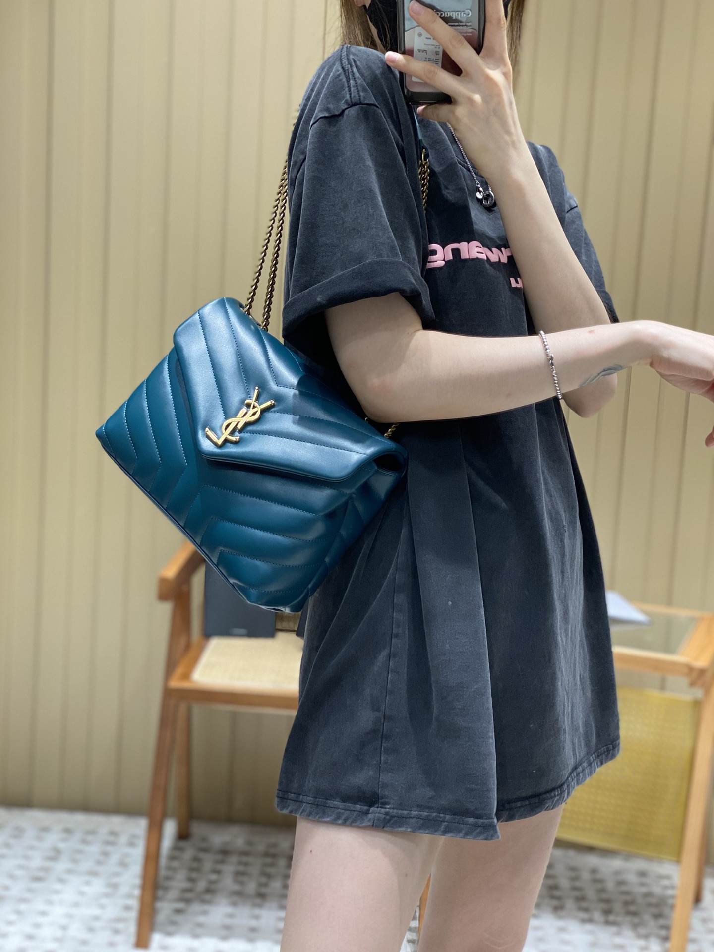 YSL LOULOU 23CM Y型绗缝链条包 494699海洋松石绿/金扣