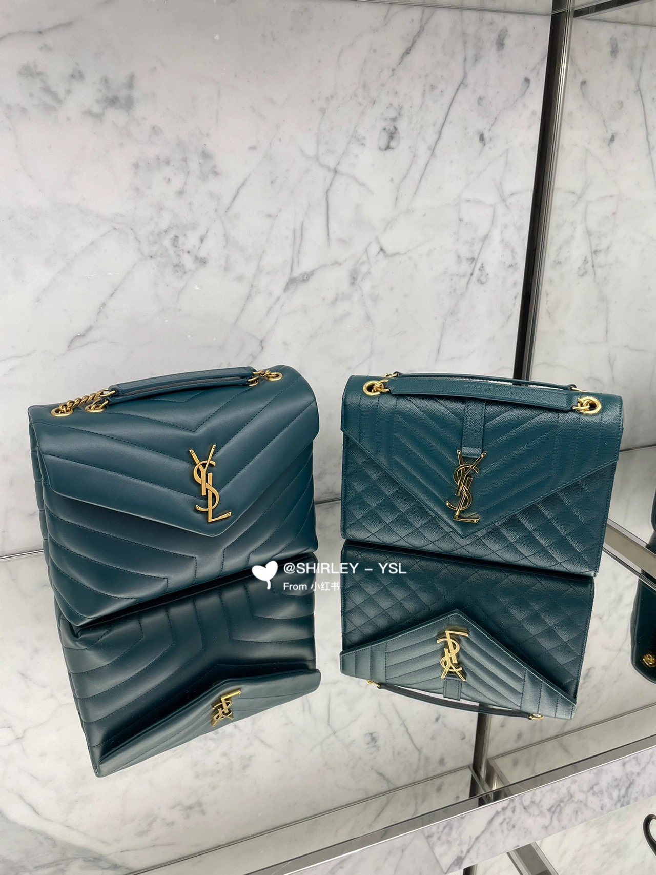 YSL LOULOU 23CM Y型绗缝链条包 494699海洋松石绿/金扣