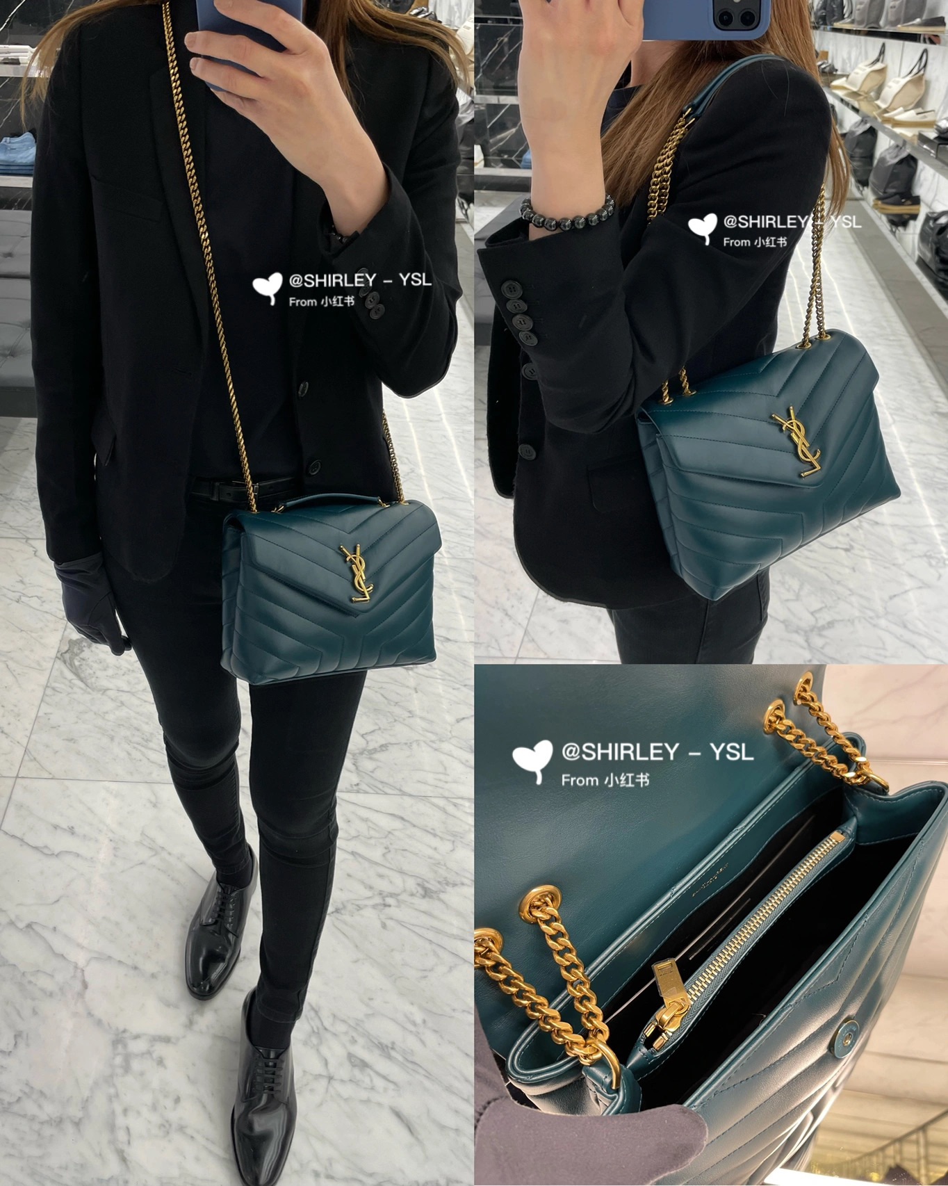YSL LOULOU 23CM Y型绗缝链条包 494699海洋松石绿/金扣