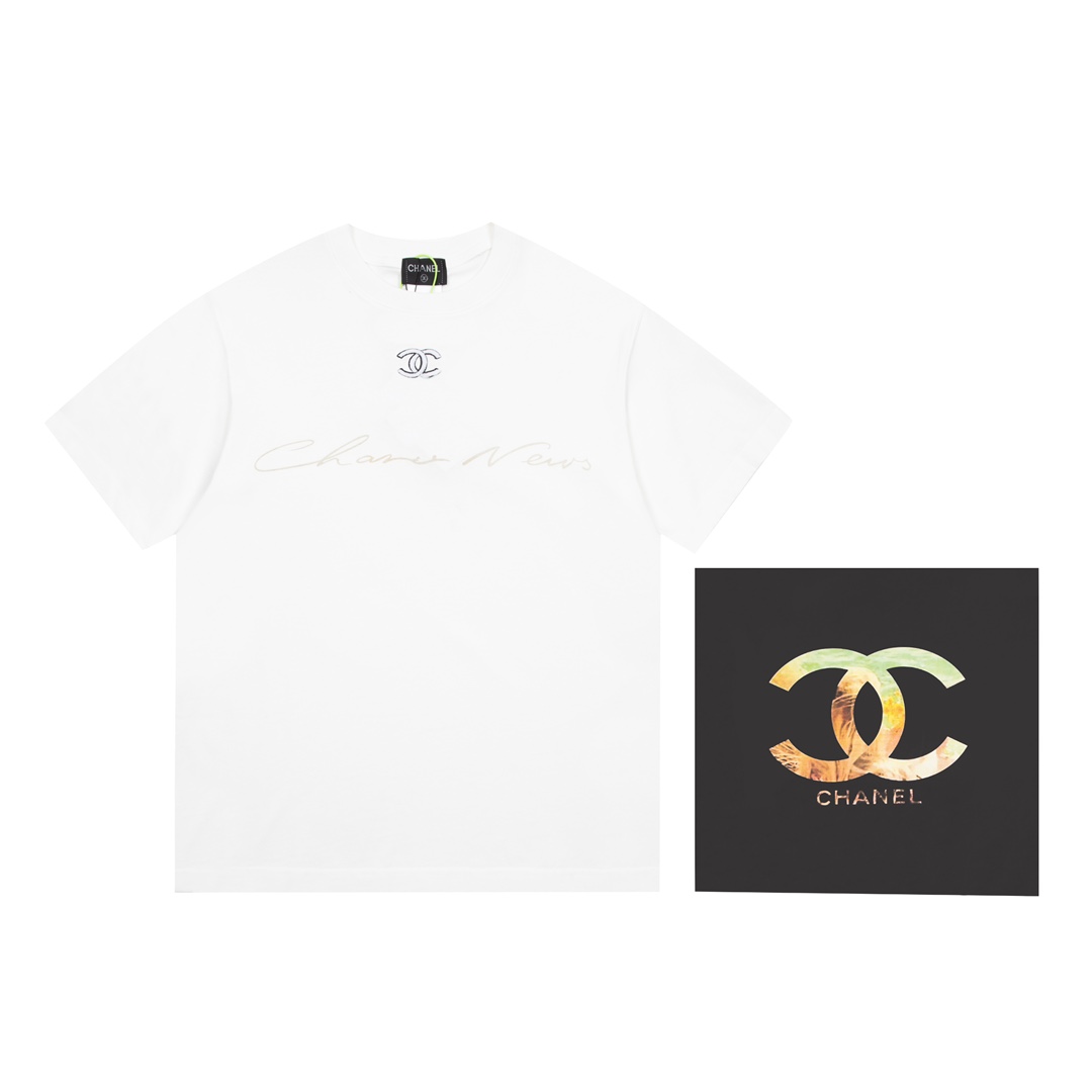Número de modelo A12-2, tallas XS-S-M-L, en negro/blanco, unisex, CHANEL 2021 primavera, camiseta de manga corta con lo…