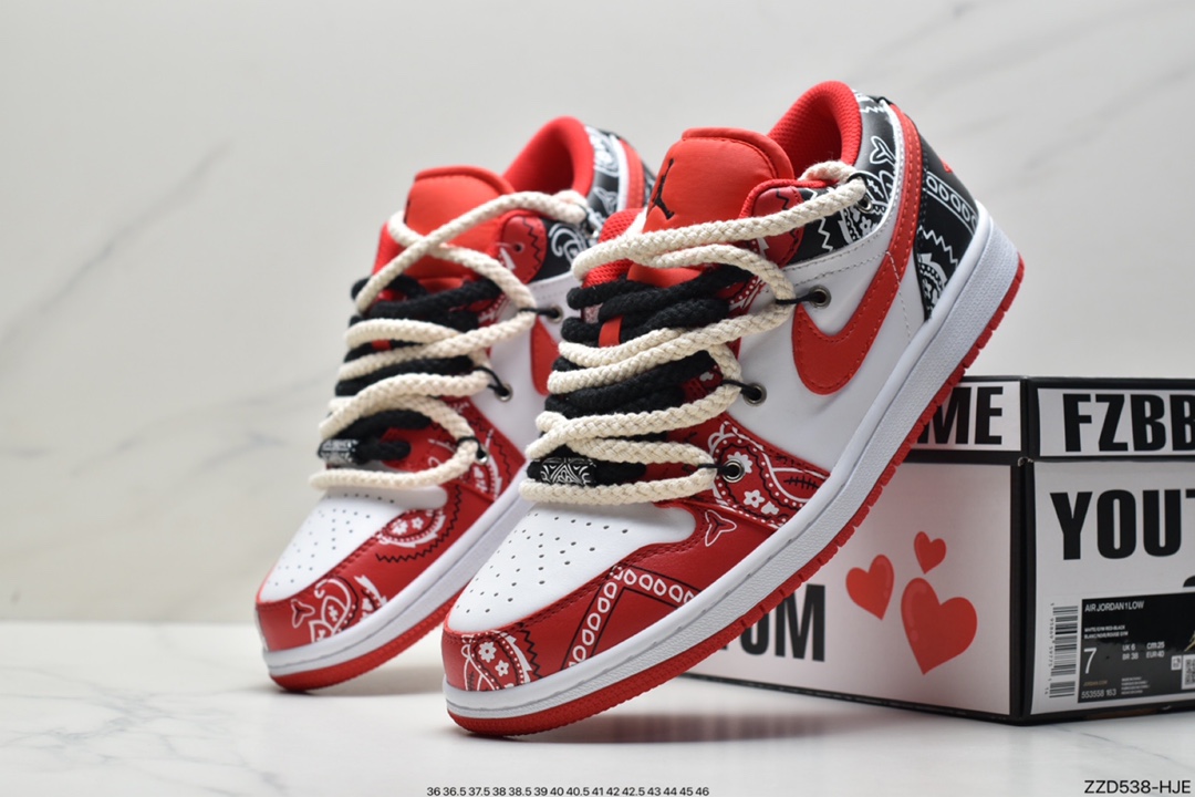 250 Air Jordan 1 Low  黑红腰果花抽绳  AJ1乔1低帮休闲板鞋 553558-163