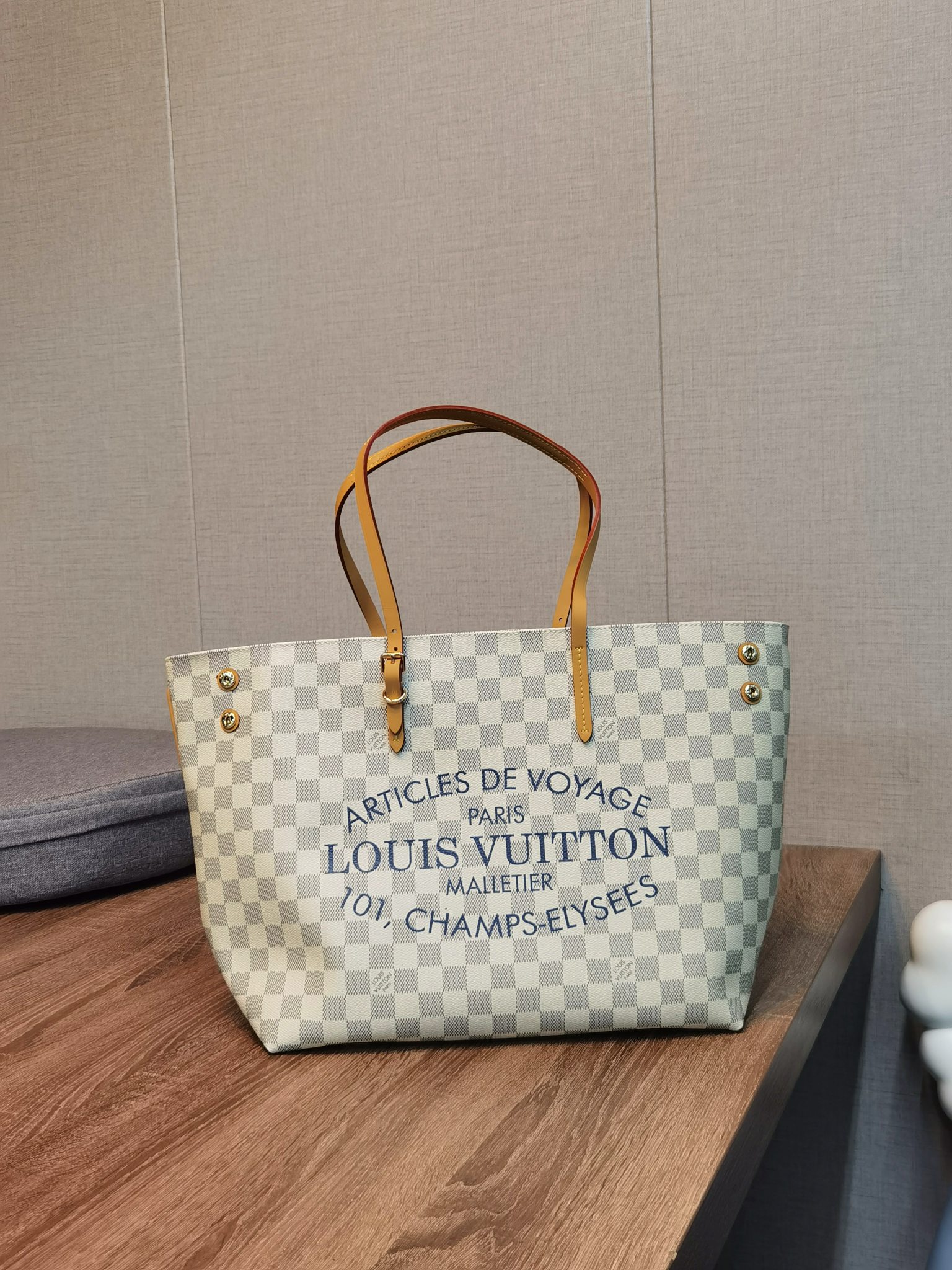 AAA Replica
 Louis Vuitton LV Neverfull Handbags Tote Bags White Yellow Damier Azur N41375