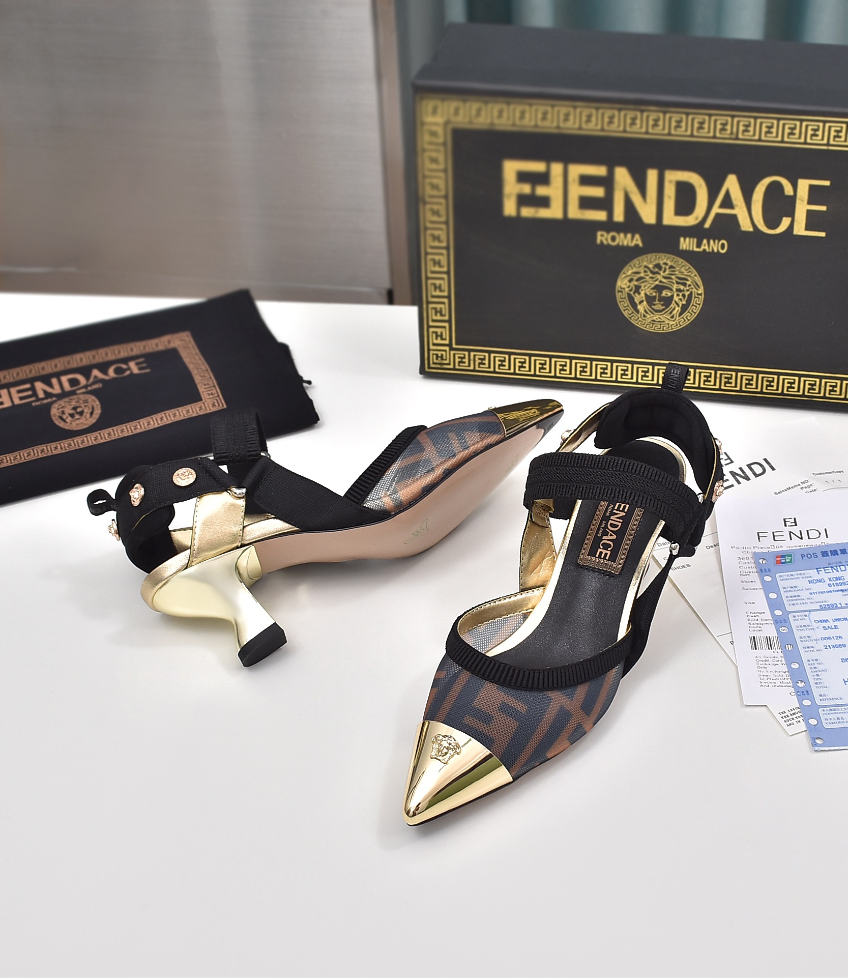 Factory Out 240FENDI/VERSACE Zapatos de tacón abierto con estampado FF de marca compartida - Tacón 8