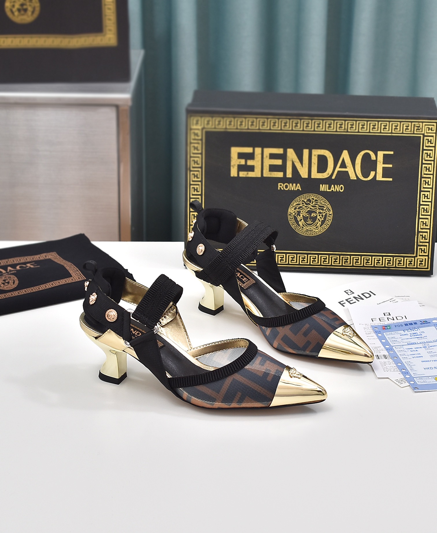 Factory Out 240FENDI/VERSACE Zapatos de tacón abierto con estampado FF de marca compartida - Tacón 8