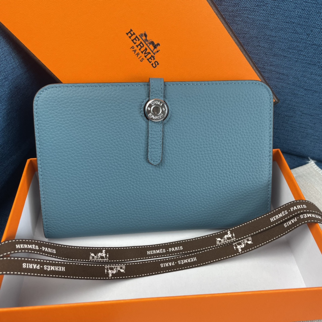 Hermes Dogon Duo Removable Wallet Togo Calfskin Leather Blue 20.1cm