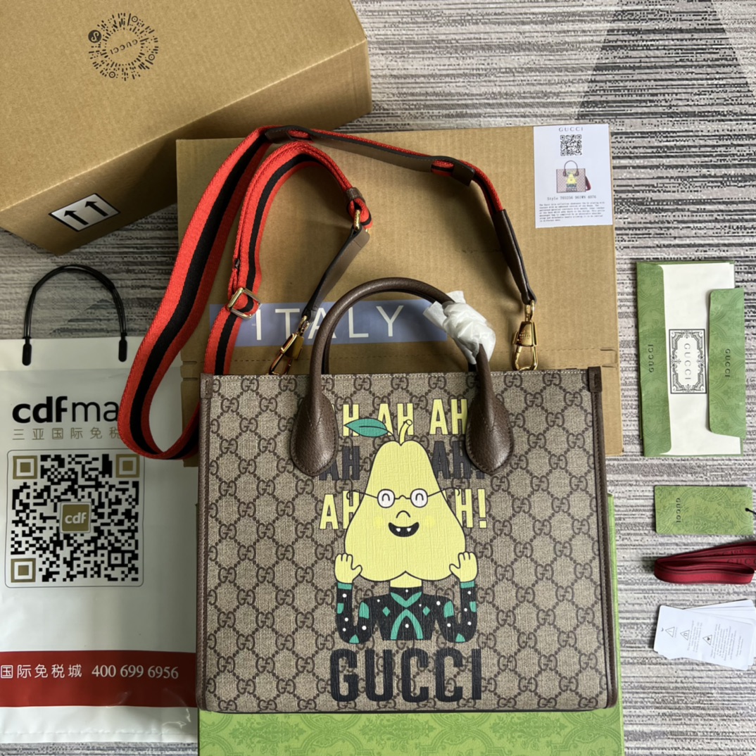 Gucci 黃梨印花 購物袋 帆布 皮革滾邊