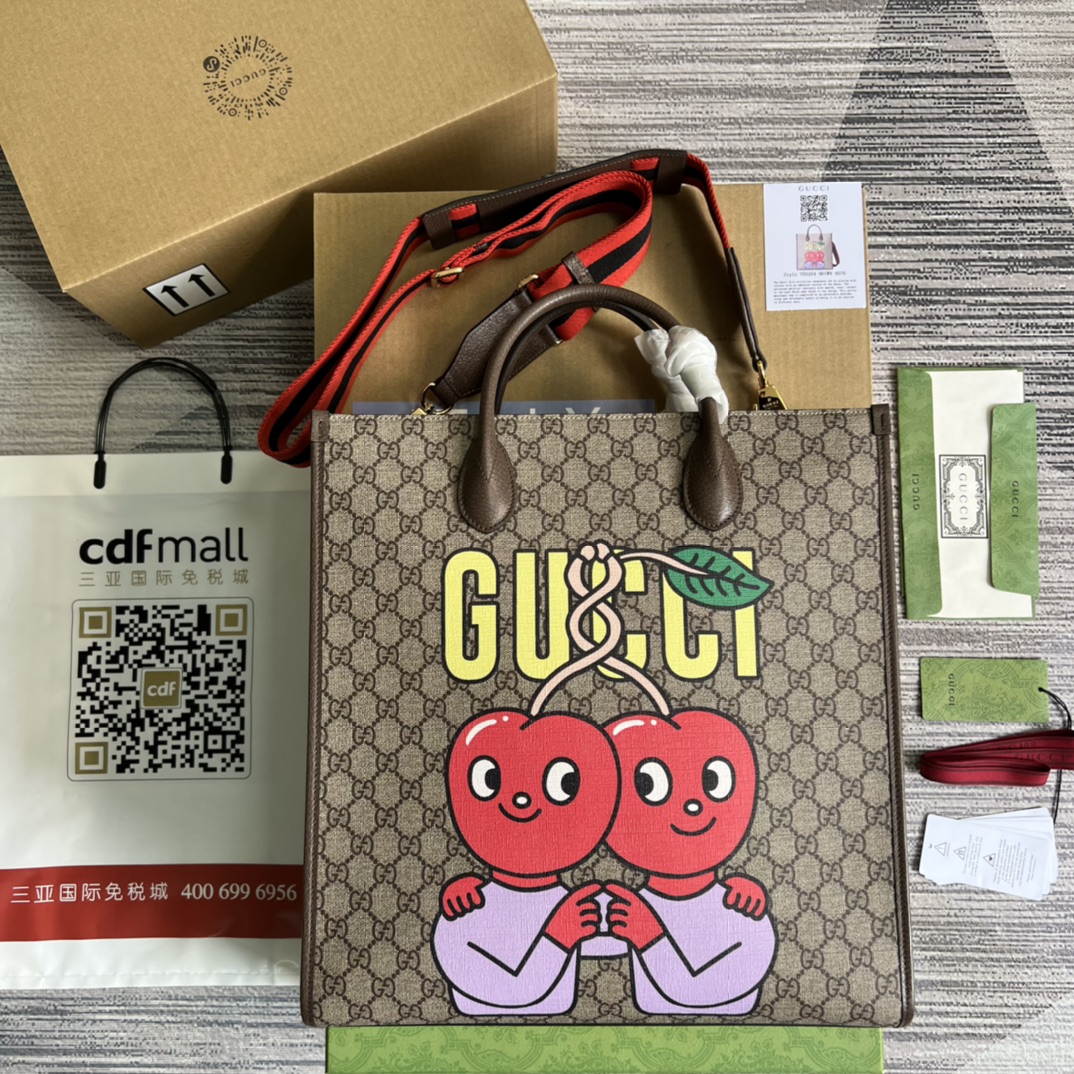 GUCCI 櫻桃印花 托特包 購物袋 GG Supreme帆布