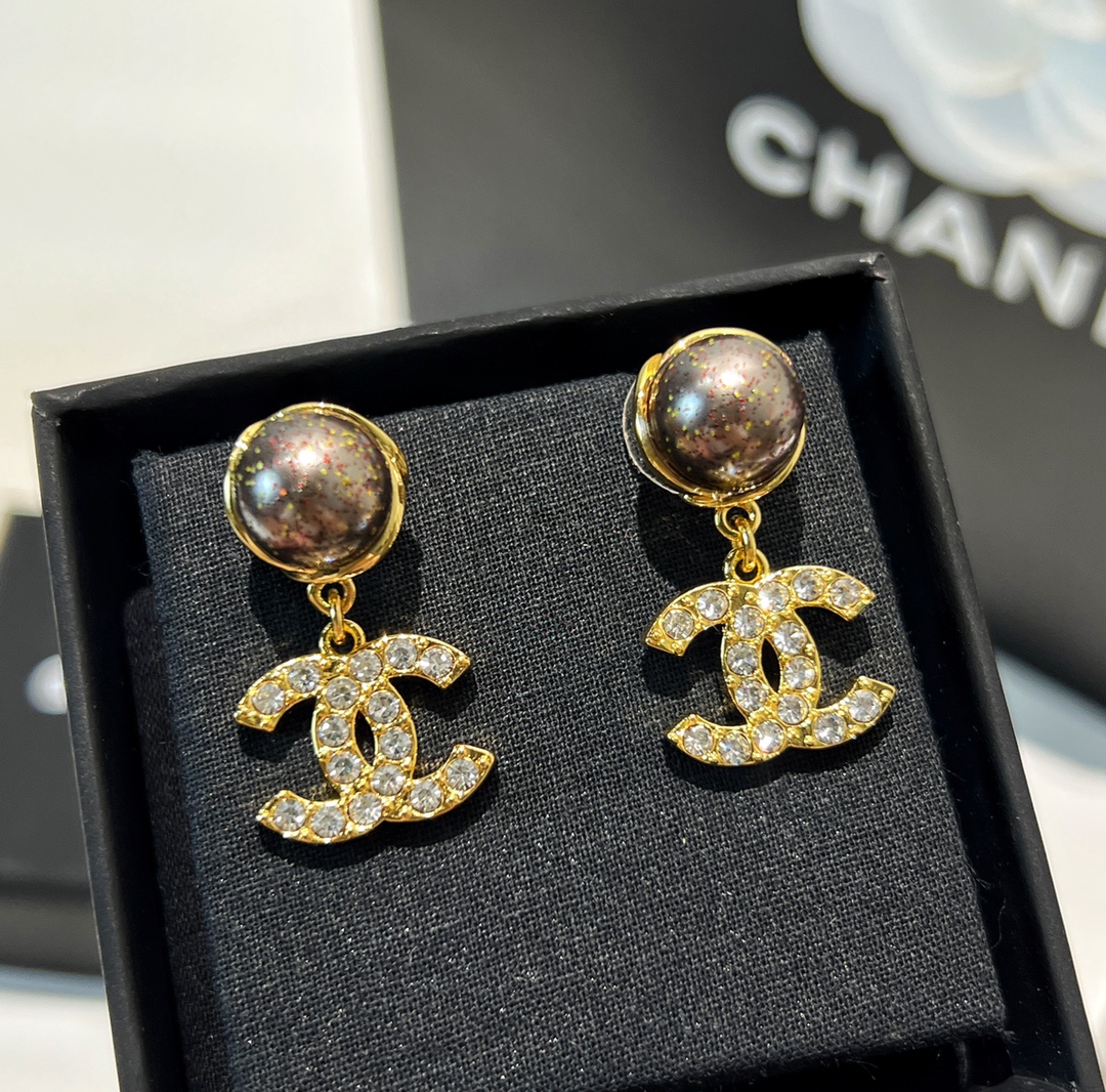 新款☑️CHANEL香奈儿双c黑色珍珠耳钉耳环