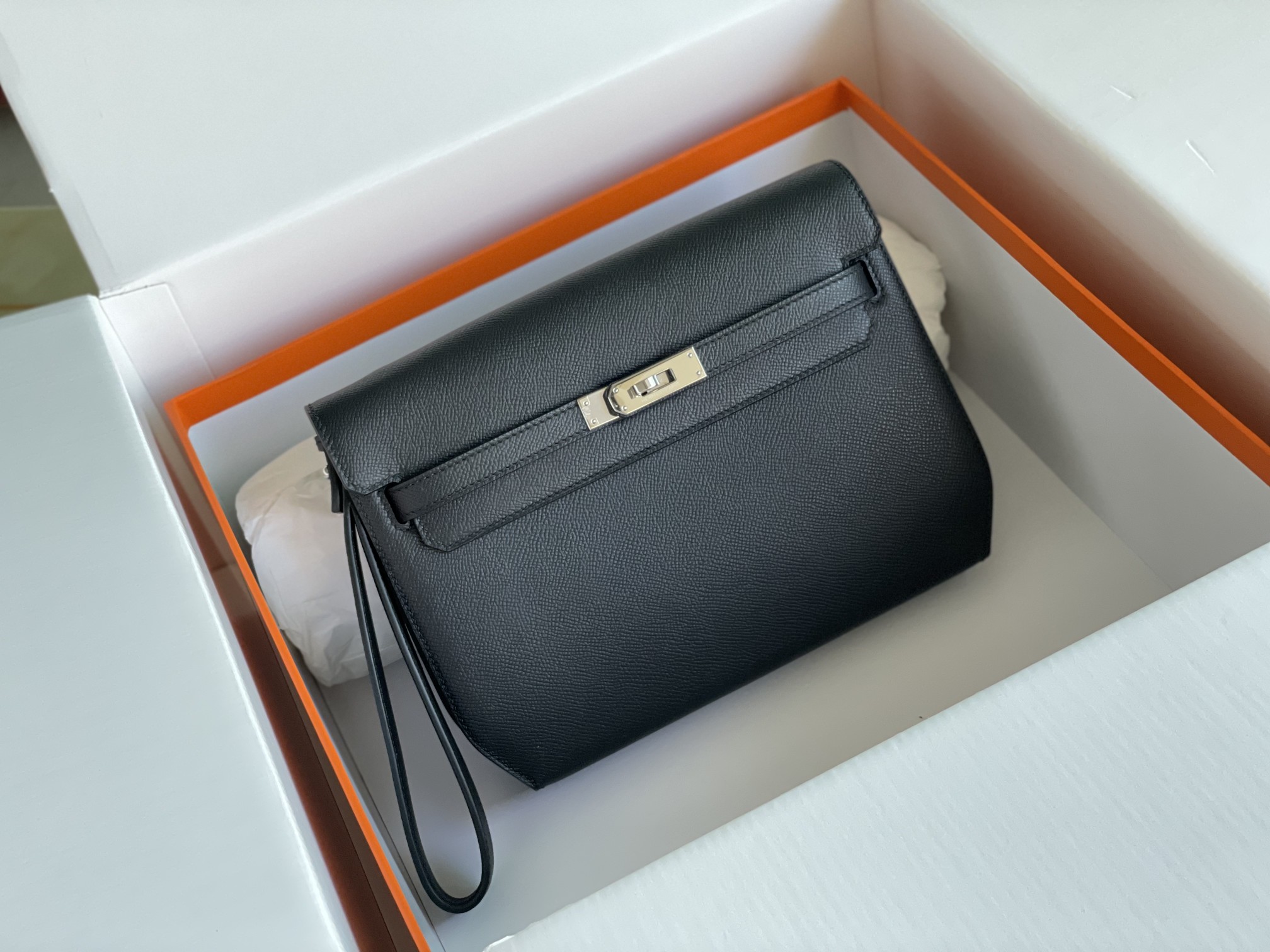 Hermes Kelly Borsette Pochette Borse Crossbody & Borse a Tracolla Nero Cucire Unisex Hardware argento Epsom