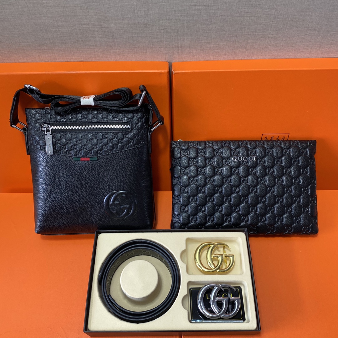 I5 古驰Gucci 头层皮质组合礼盒包装腰带俩款包包超级组合 公文包包是很实用的选择.手提包日常是非常适合的. 双扣皮带：头层皮质带身搭配3.8cm广州原版扣头 尺寸古驰斜挎包：长20cm宽4cm高22cm\r  古驰手提包：长26cm宽2cm高16cm
