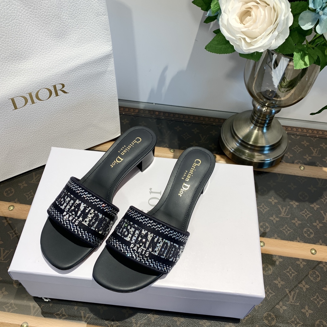 Dior Shoes Slippers Embroidery Cowhide Genuine Leather Summer Collection